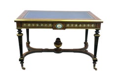 Victorian Amboyna Wood and Ebonised Writing Desk with Sevres Style Porcelain