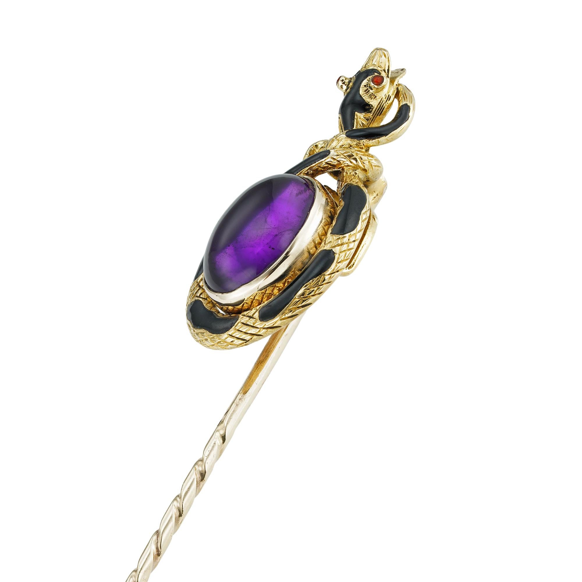 Cabochon A Victorian Amethyst and Black Enamel Snake Stick-pin For Sale