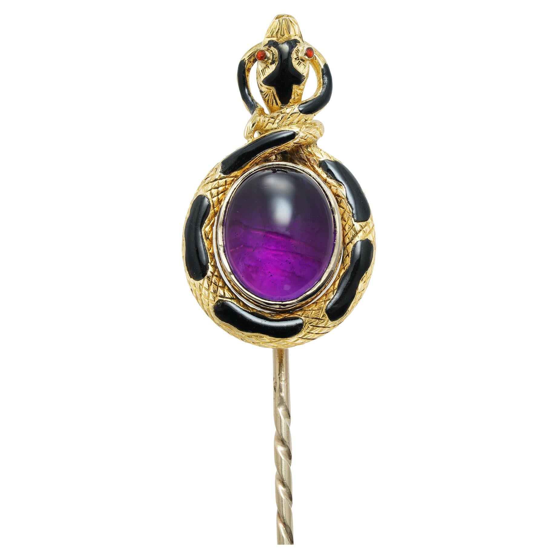 A Victorian Amethyst and Black Enamel Snake Stick-pin For Sale