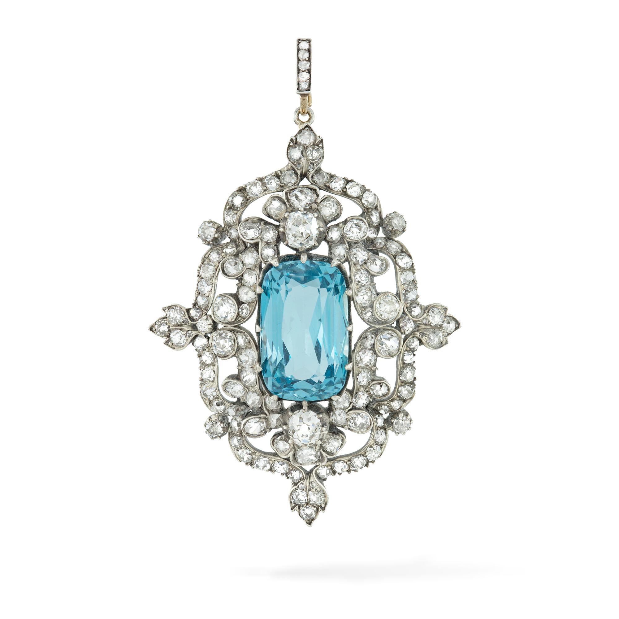 Cushion Cut A Victorian Aquamarine, Diamond and Pearl Pendant