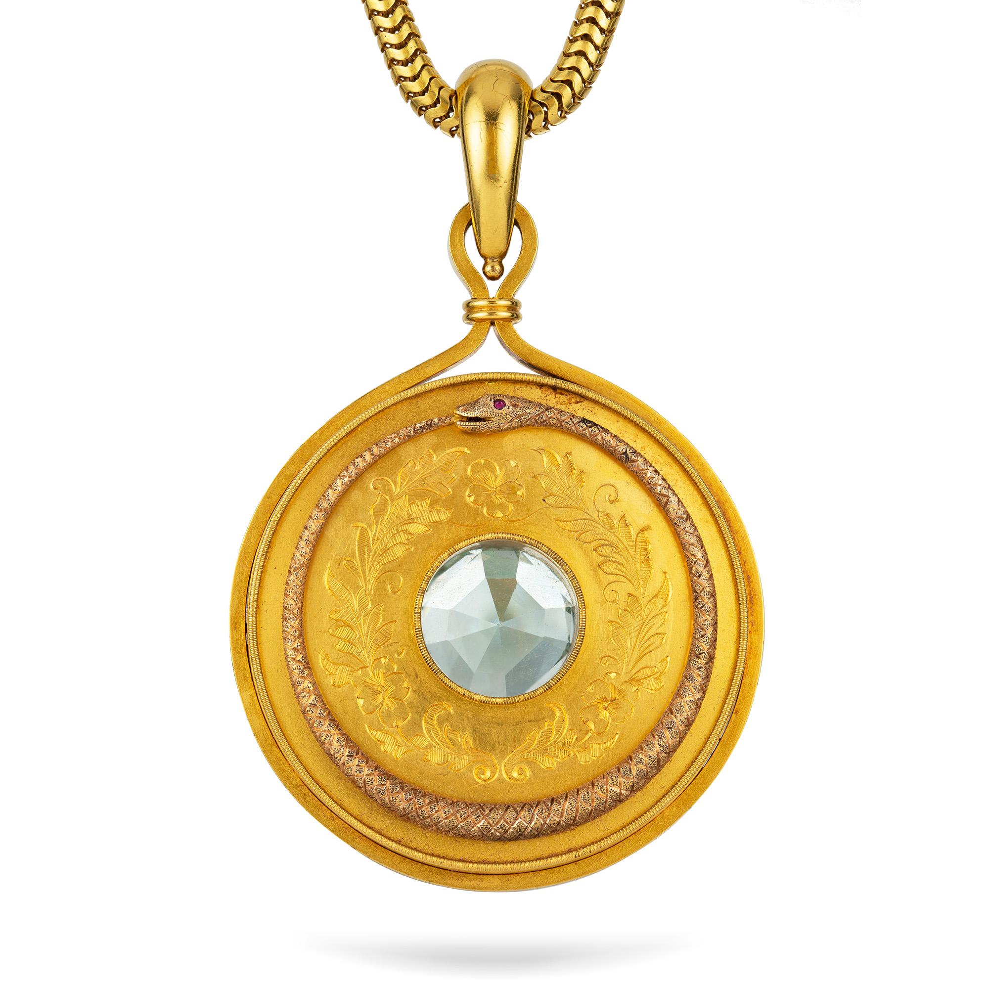 A Victorian aquamarine, pearl and gold pendant-necklace, made in the archaeological style, the faceted cushion shape aquamarine measuring 15.9 x 15.7mm, surrounded by a double cluster of half-pearls and a gold frame with three gold rosettes and