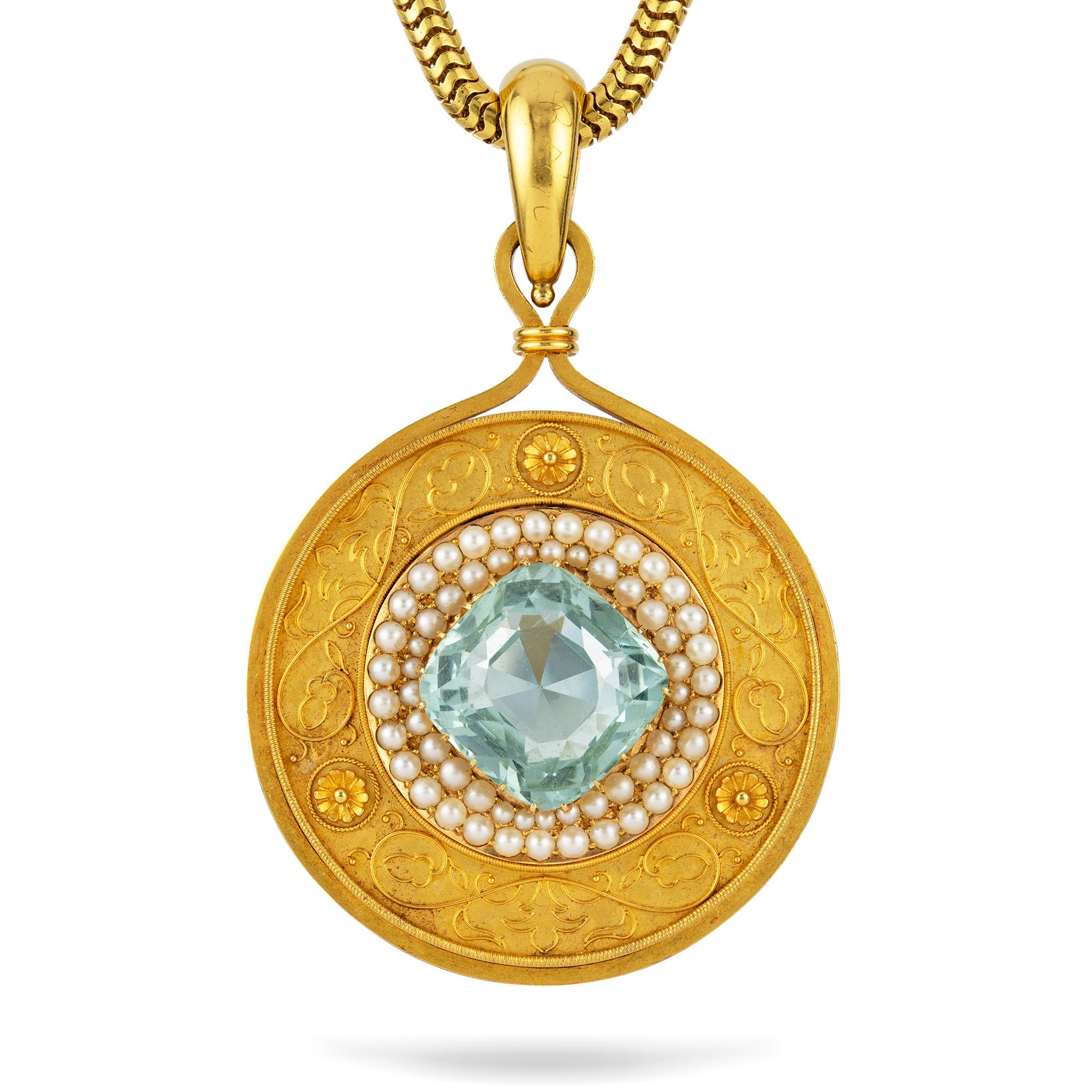 Cushion Cut Victorian Aquamarine, Pearl and Gold Pendant-Necklace