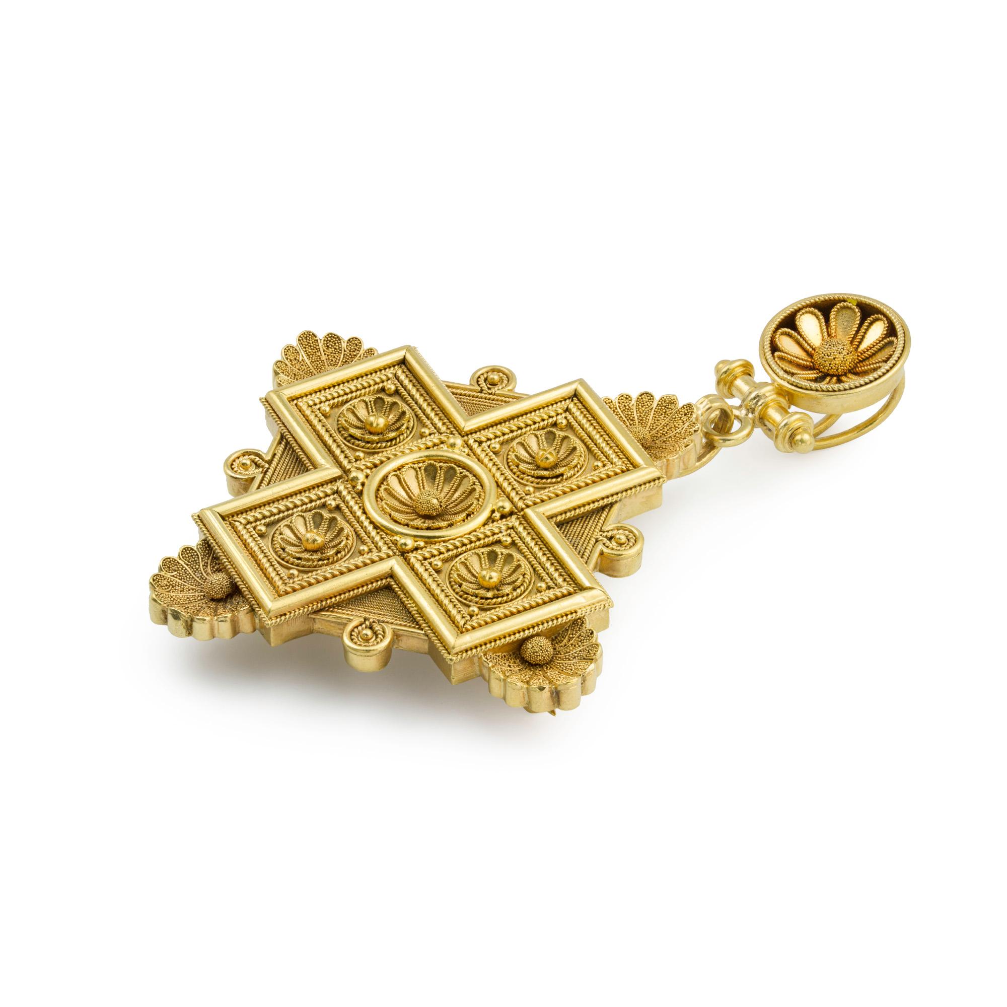 A Victorian archaeological revival gold cross pendant brooch, the Greek cross composed of five square panels, each square bearing to the centre a granulated rosette demonstrating fine rope work and granulation, terminating to granulated acanthus