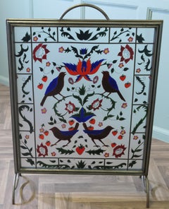 A Victorian Art Nouveau Painted Glass Fire Screen