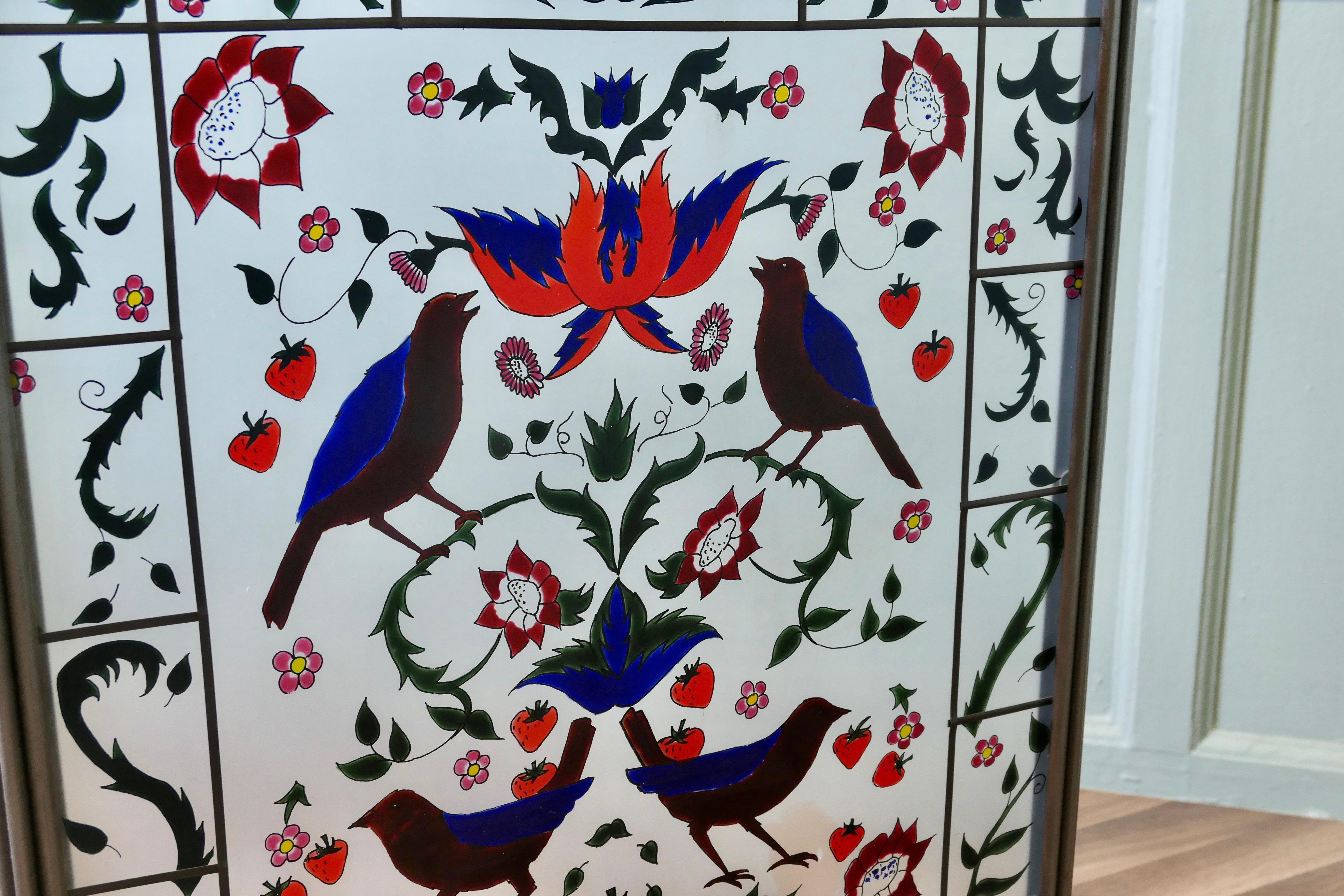 Late 19th Century A Victorian Art Nouveau Painted Glass Fire Screen For Sale