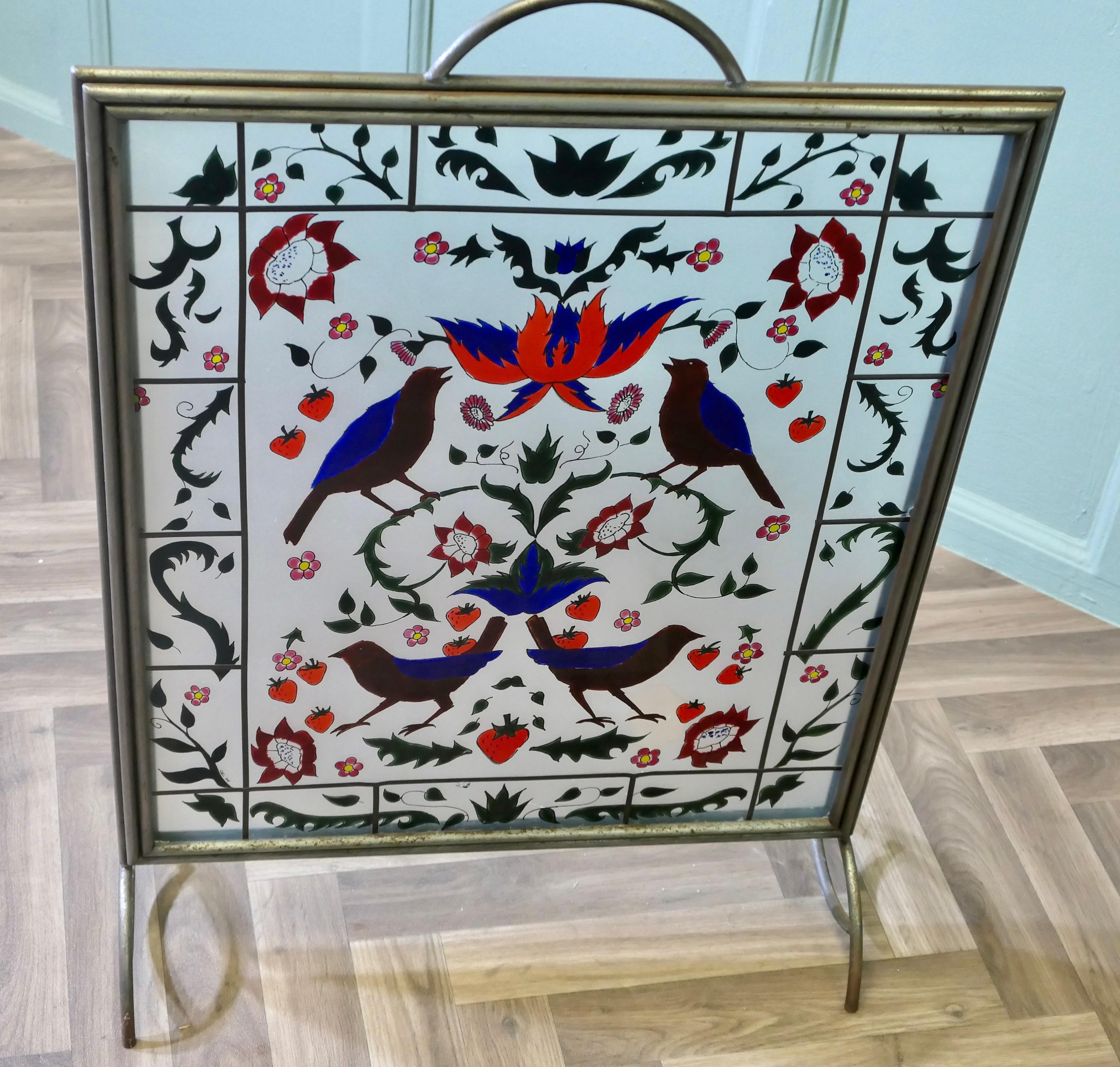 Art Glass A Victorian Art Nouveau Painted Glass Fire Screen For Sale