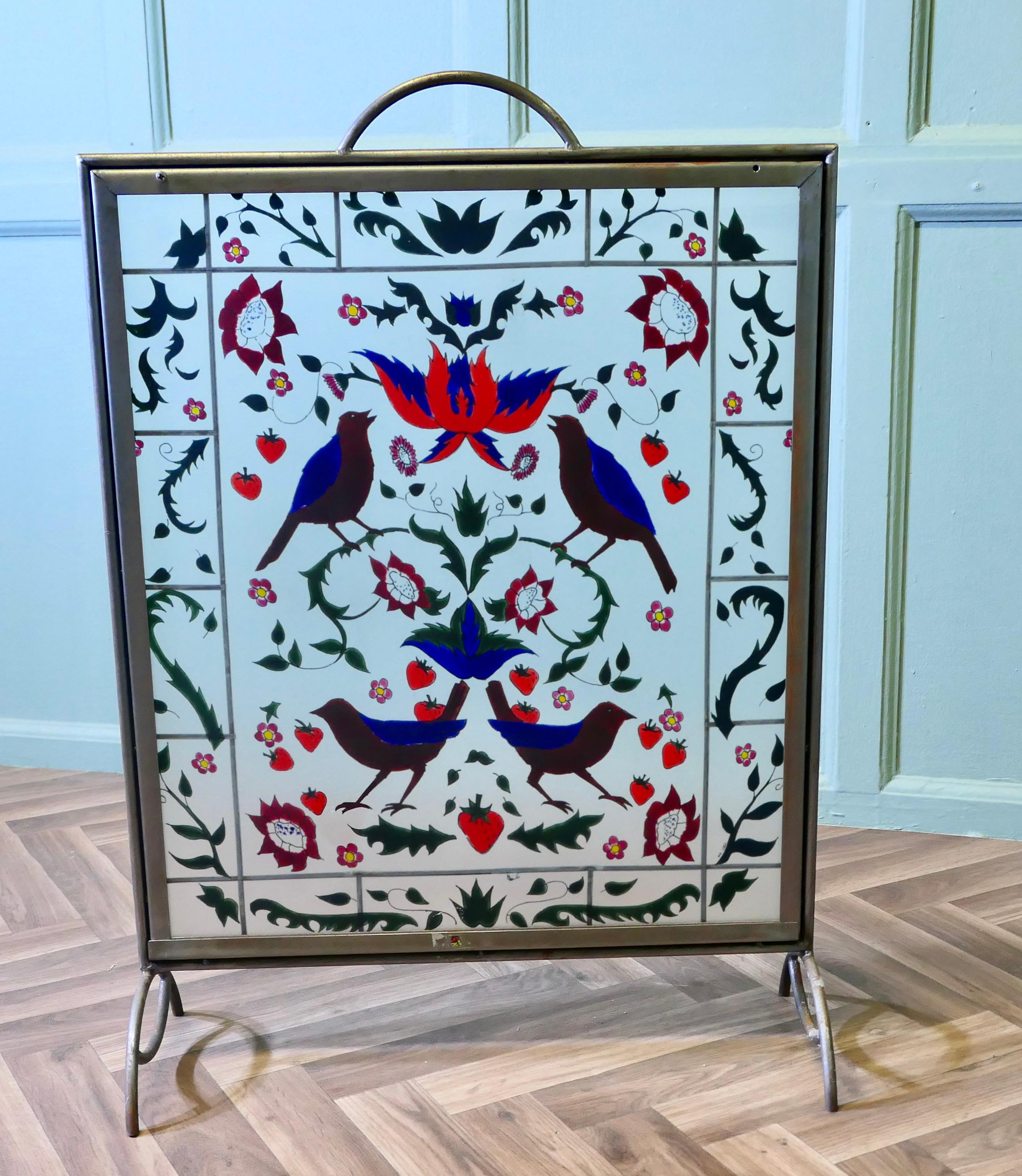 A Victorian Art Nouveau Painted Glass Fire Screen For Sale 2