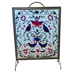 A Victorian Art Nouveau Painted Glass Fire Screen