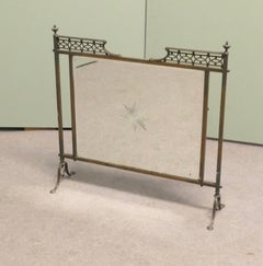 A Victorian Arts and Crafts Brass Mirror Fire Screen with Etched Sunburst