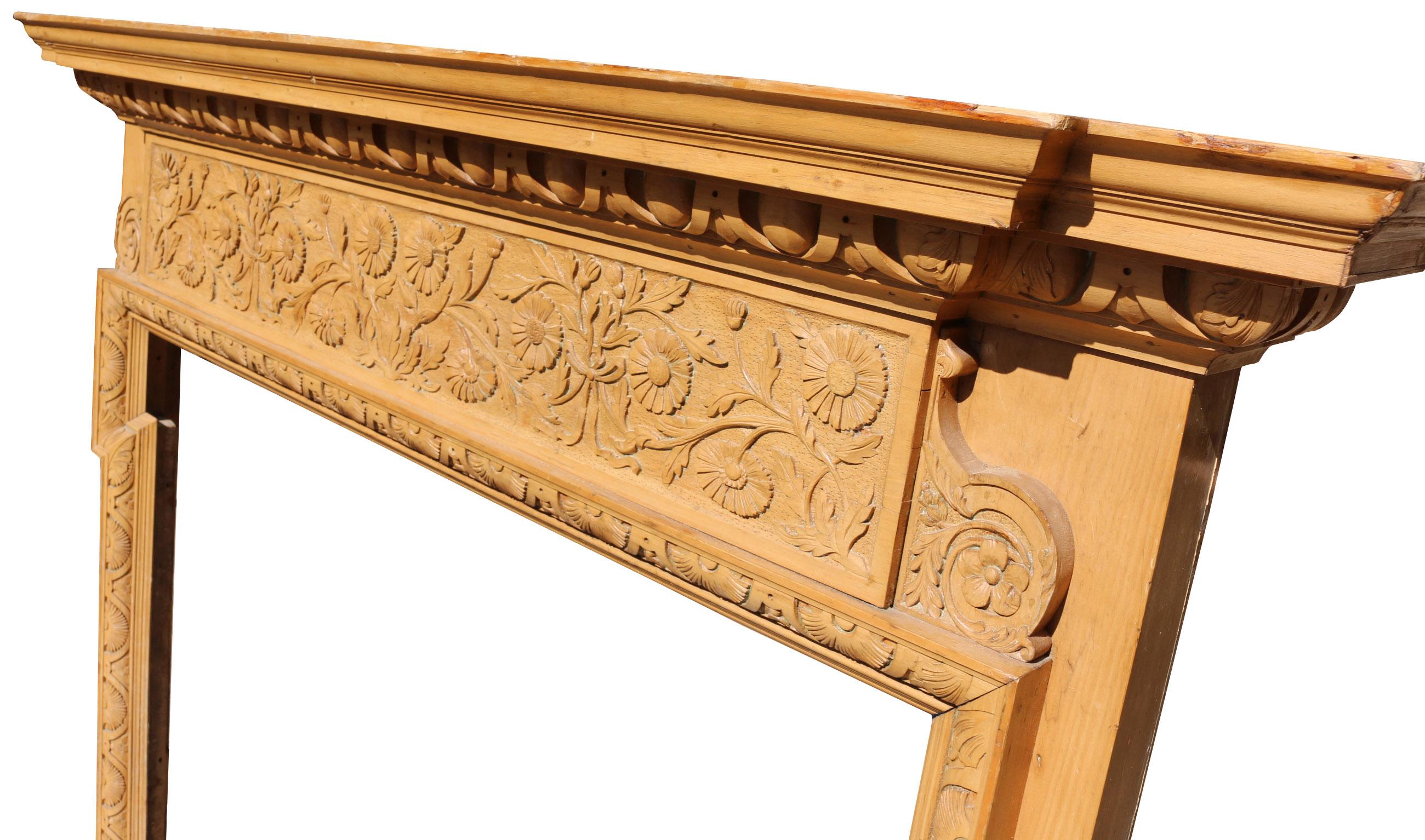 Victorian Arts & Crafts Carved Pine Fire Surround In Good Condition For Sale In Wormelow, Herefordshire