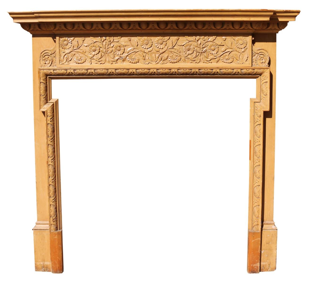 Victorian Arts & Crafts Carved Pine Fire Surround For Sale 2