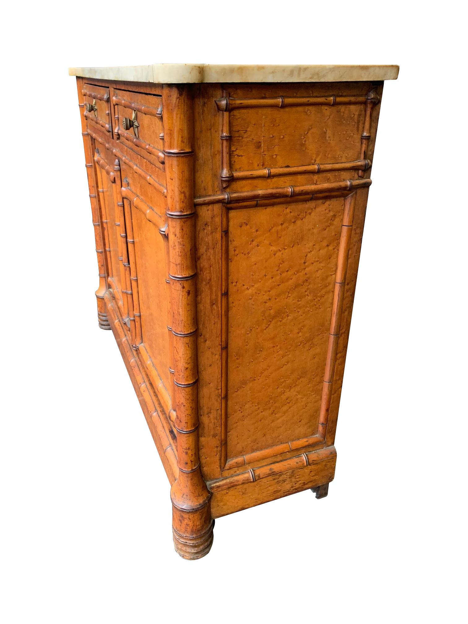Victorian Bird’s-Eye Maple Console Cabinet with Faux Bamboo and Marble Top 2