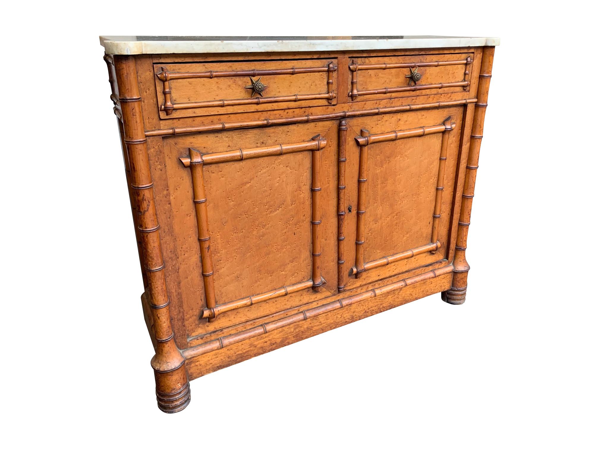Victorian Bird’s-Eye Maple Console Cabinet with Faux Bamboo and Marble Top 3