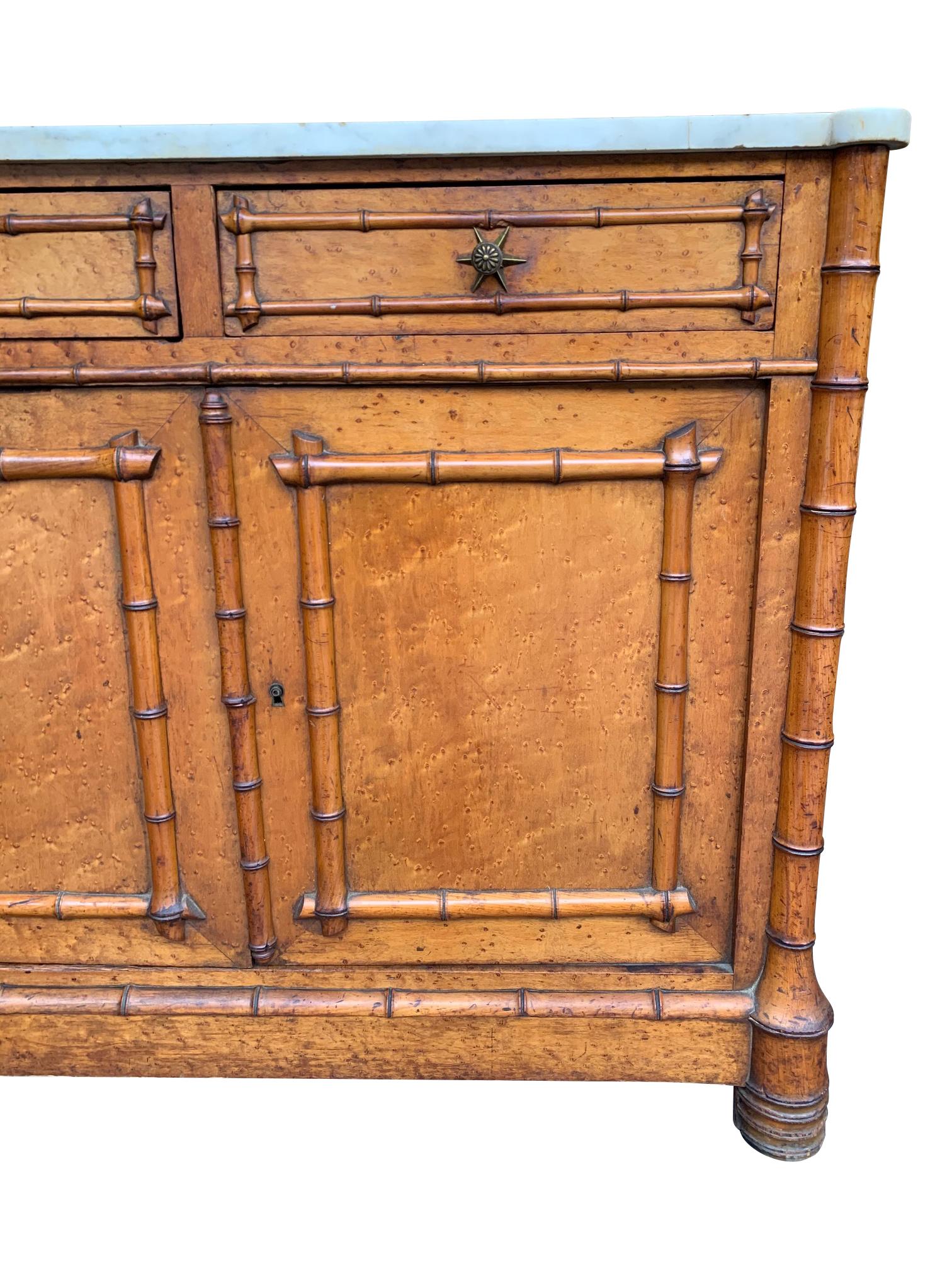 Late Victorian Victorian Bird’s-Eye Maple Console Cabinet with Faux Bamboo and Marble Top