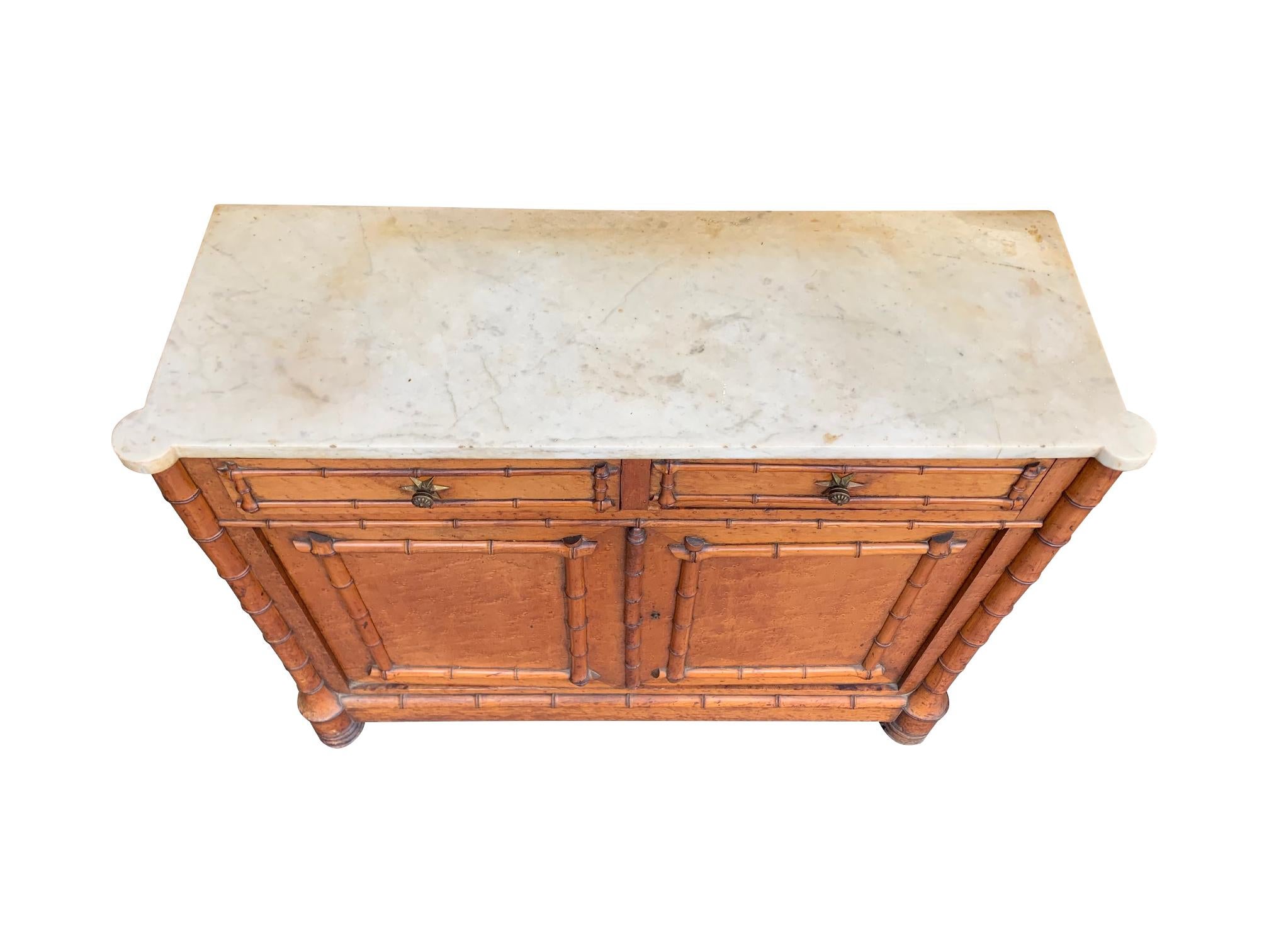 French Victorian Bird’s-Eye Maple Console Cabinet with Faux Bamboo and Marble Top