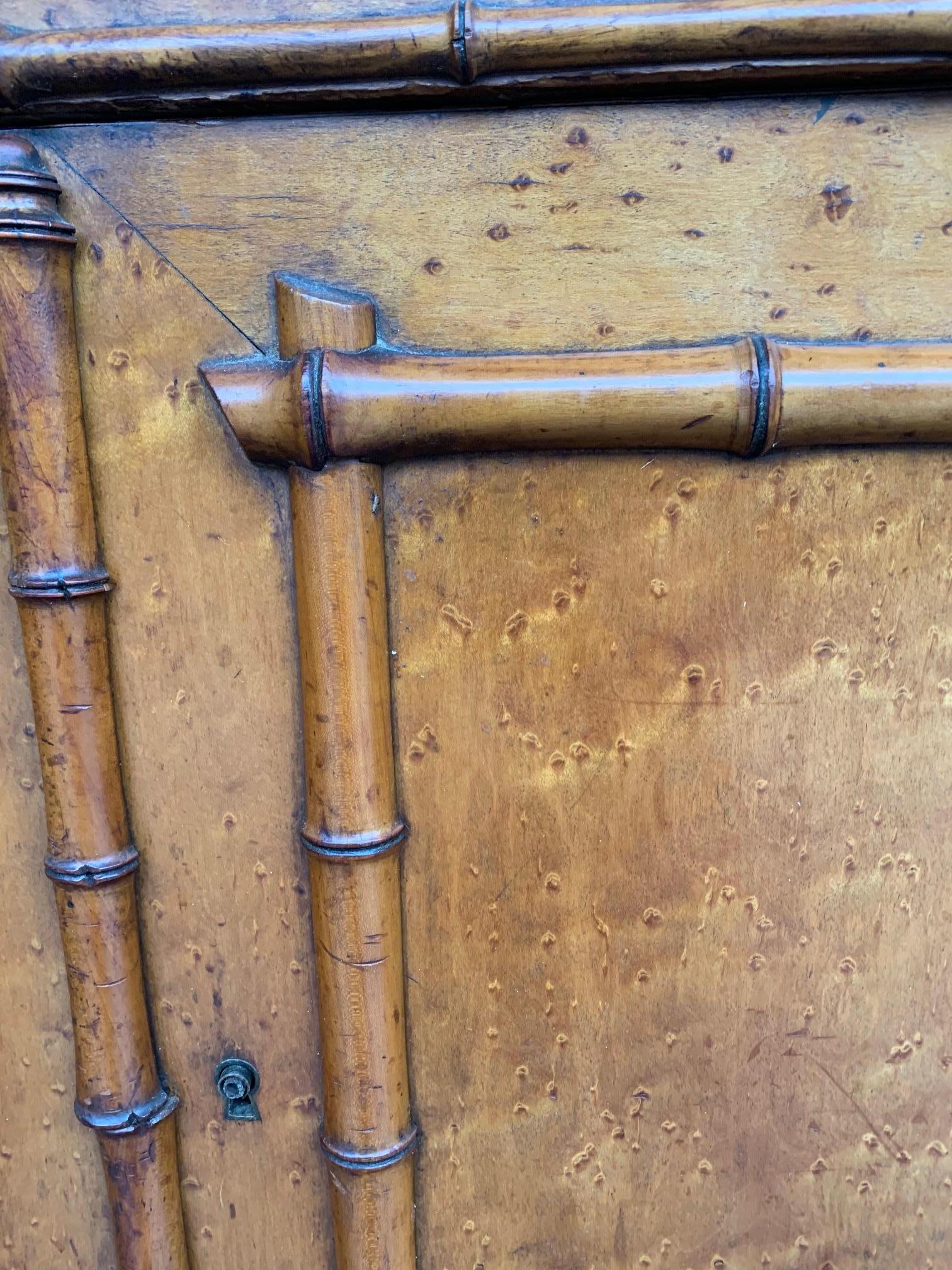 Late 19th Century Victorian Bird’s-Eye Maple Console Cabinet with Faux Bamboo and Marble Top