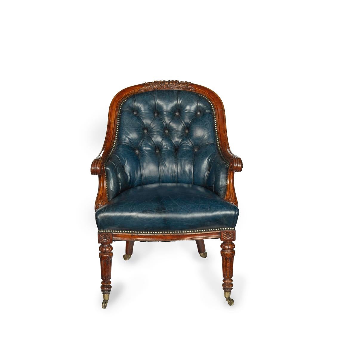Ein viktorianischer Bibliotheksstuhl aus blauem Leder aus Eiche (Englisch) im Angebot