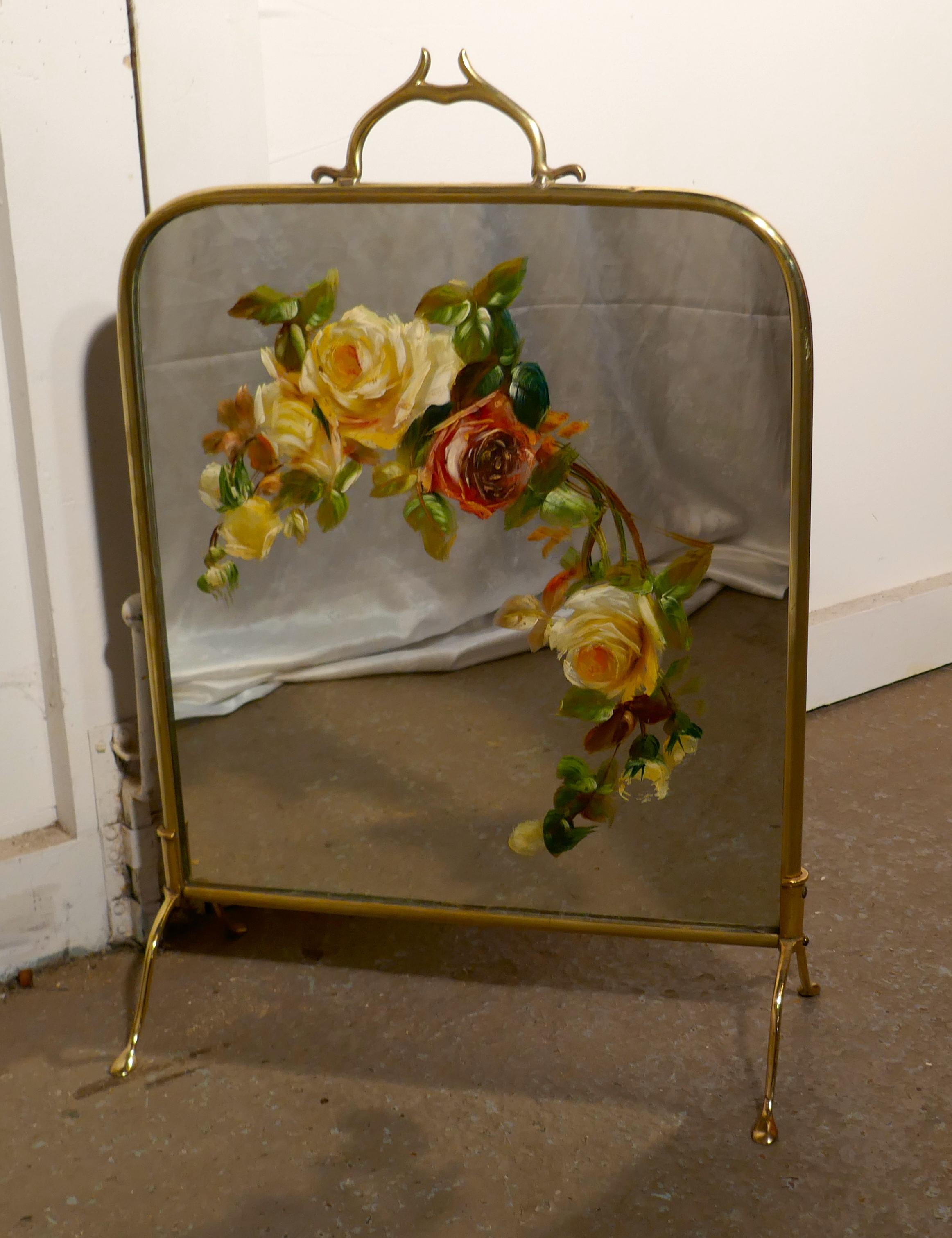 Victorian Brass and Roses Painted Mirror Fire Screen In Good Condition In Chillerton, Isle of Wight