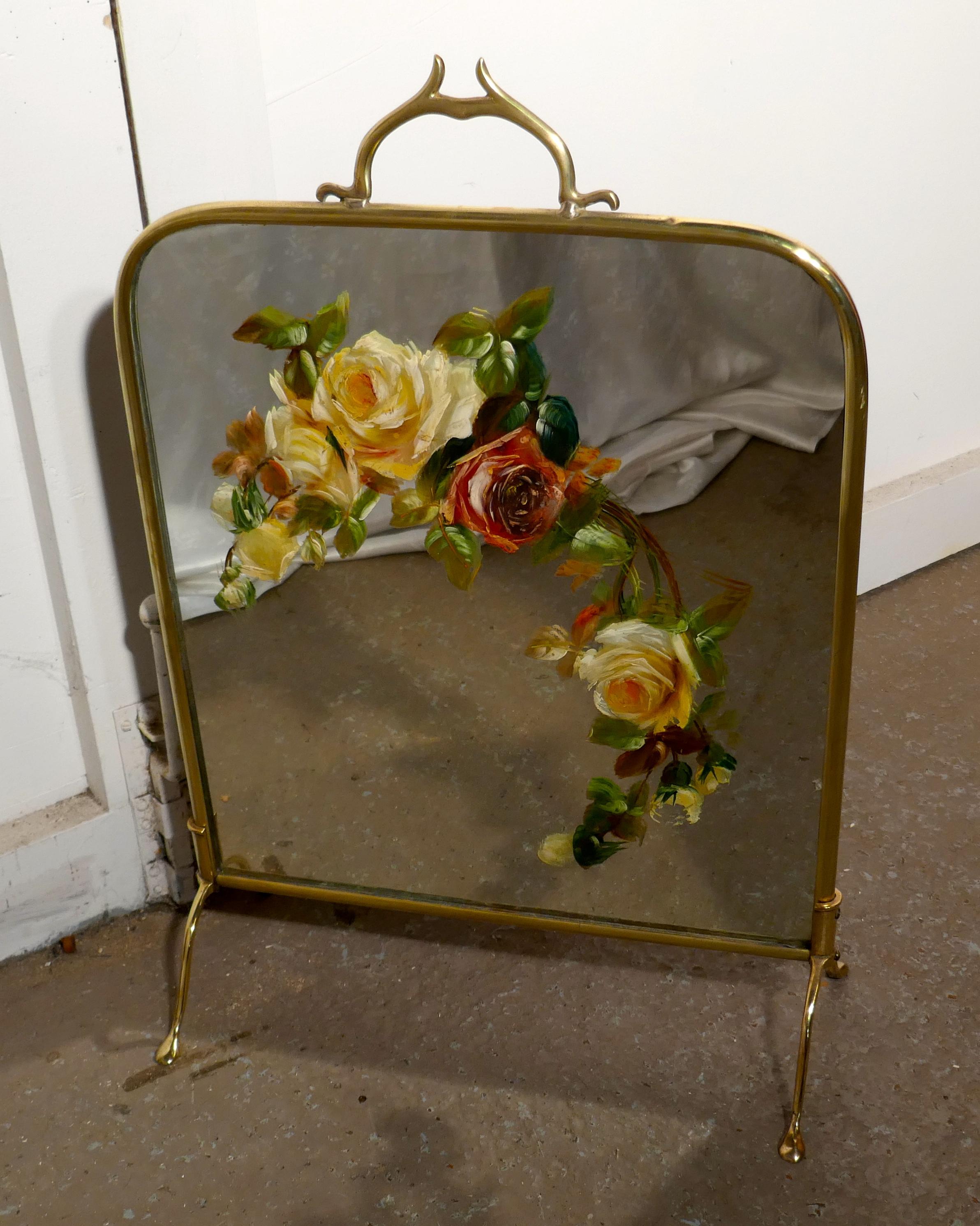 Victorian Brass and Roses Painted Mirror Fire Screen 1