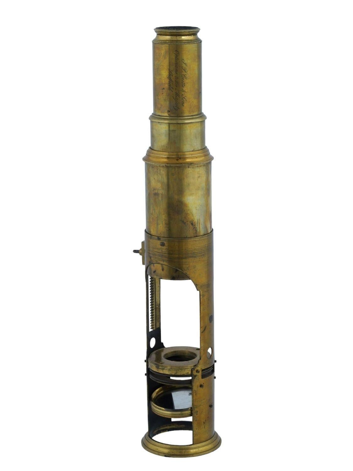 A Victorian English brass microscope marked ‘J. P. Cutts & Sons / Opticians to her Majesty / Sheffield’. The company operated for most of the 19th Century under many variations of their name, this particular one being in use from 1840-1845. The