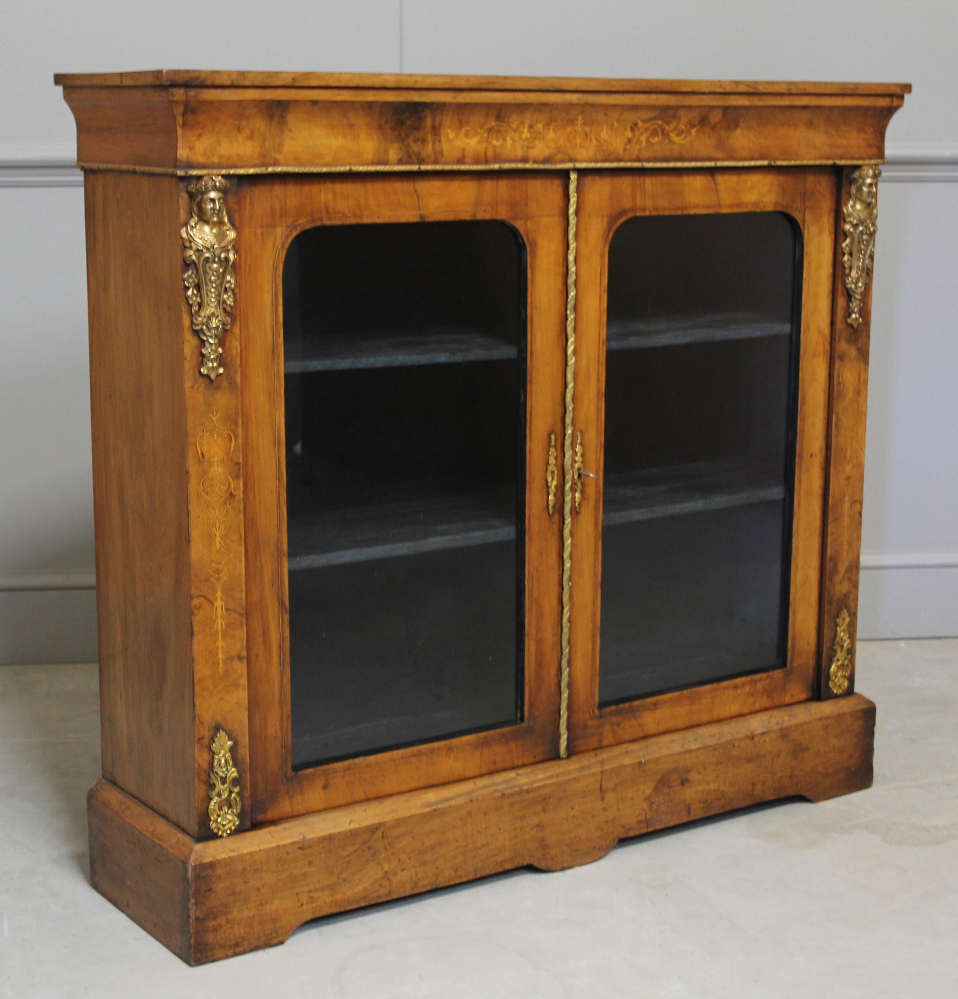 English Victorian Burr Walnut Display Cabinet For Sale