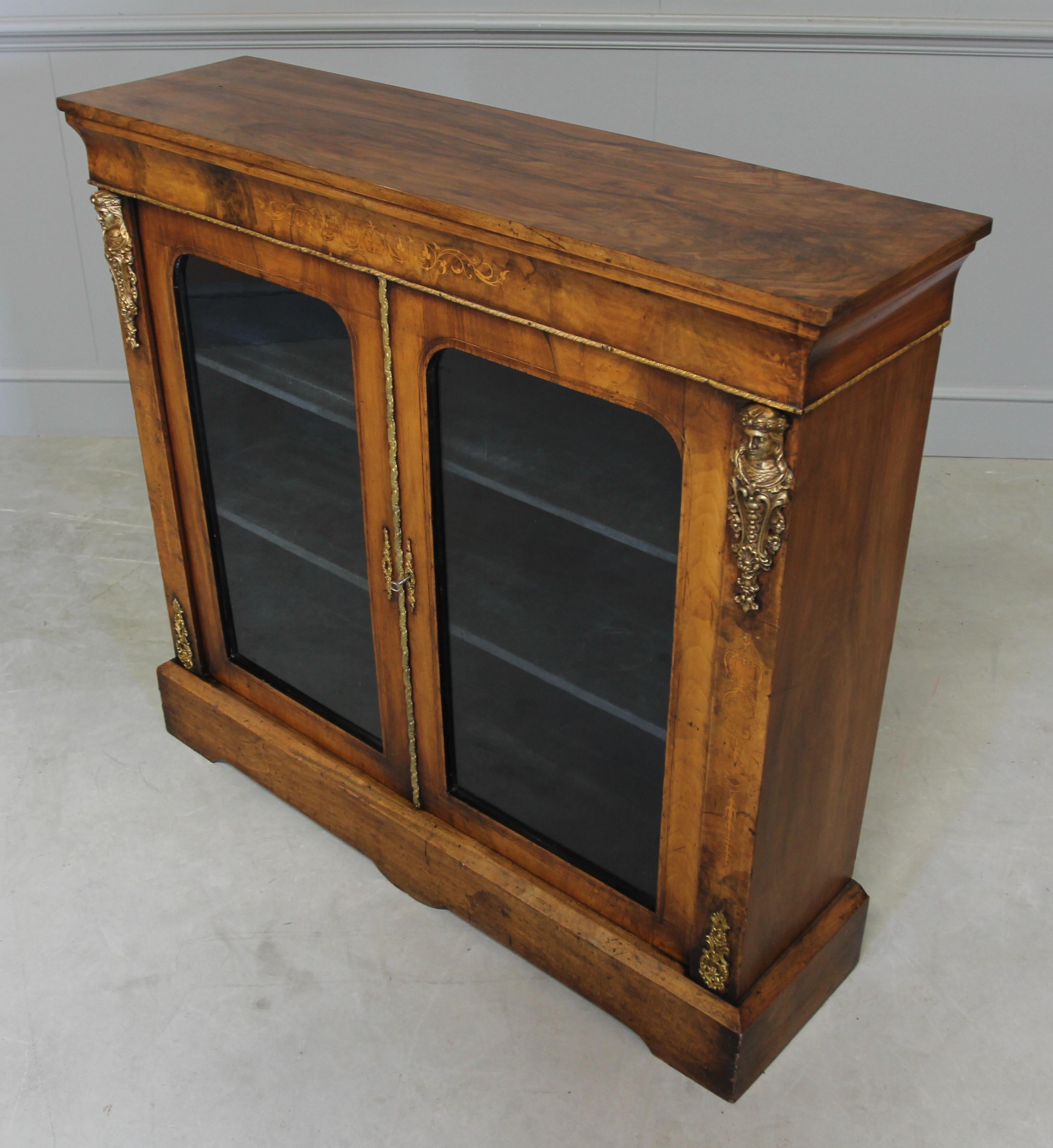 Oiled Victorian Burr Walnut Display Cabinet For Sale