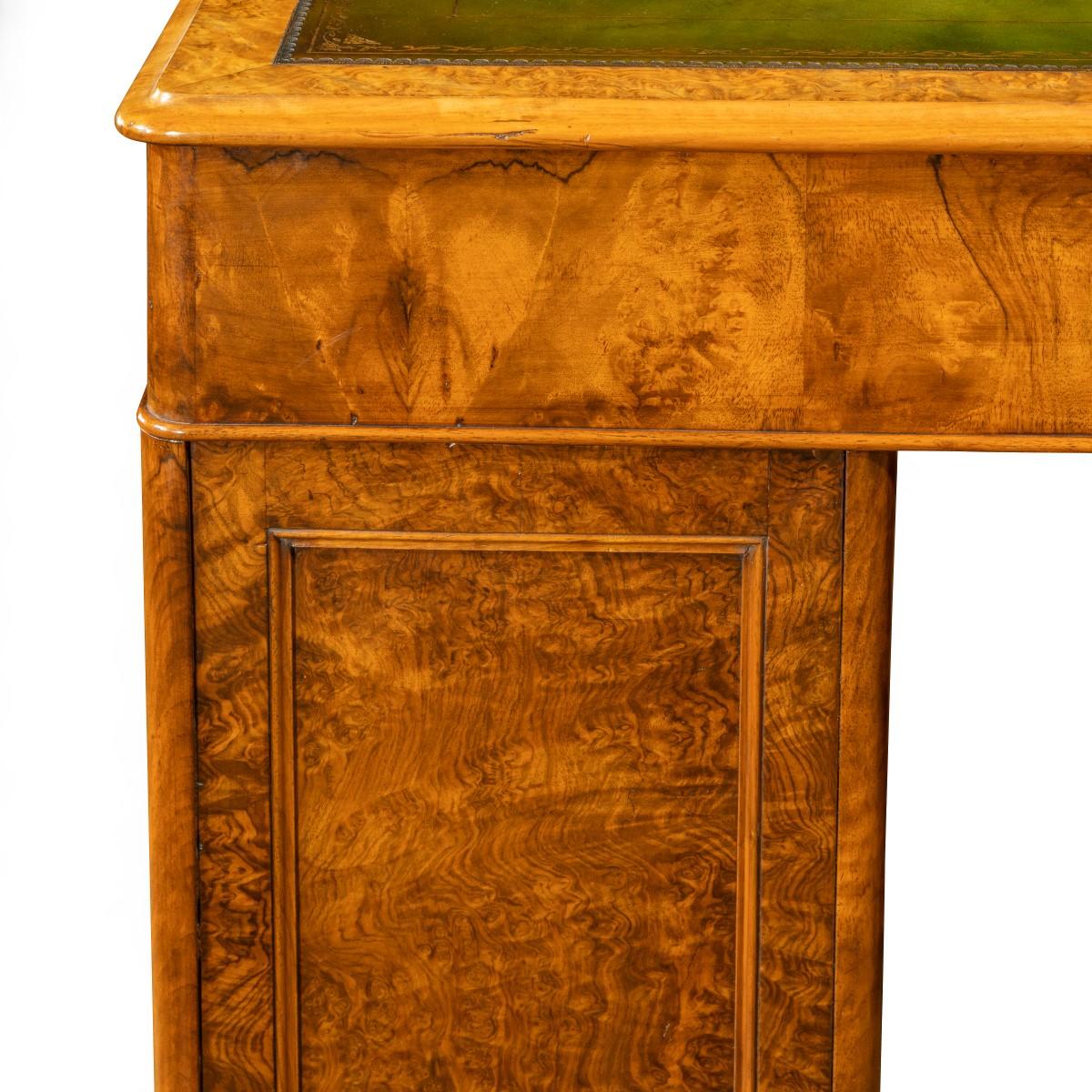 English Victorian Burr Walnut Free Standing Pedestal Desk by Druce & Co For Sale