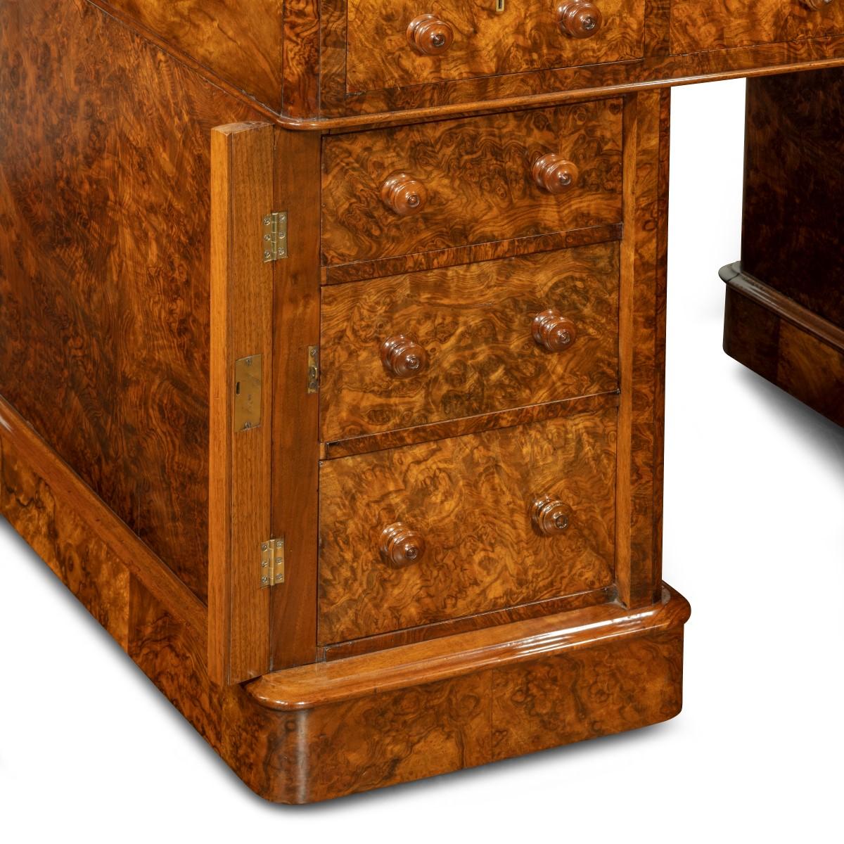 Leather Victorian Burr Walnut Free Standing Pedestal Desk by Druce & Co For Sale