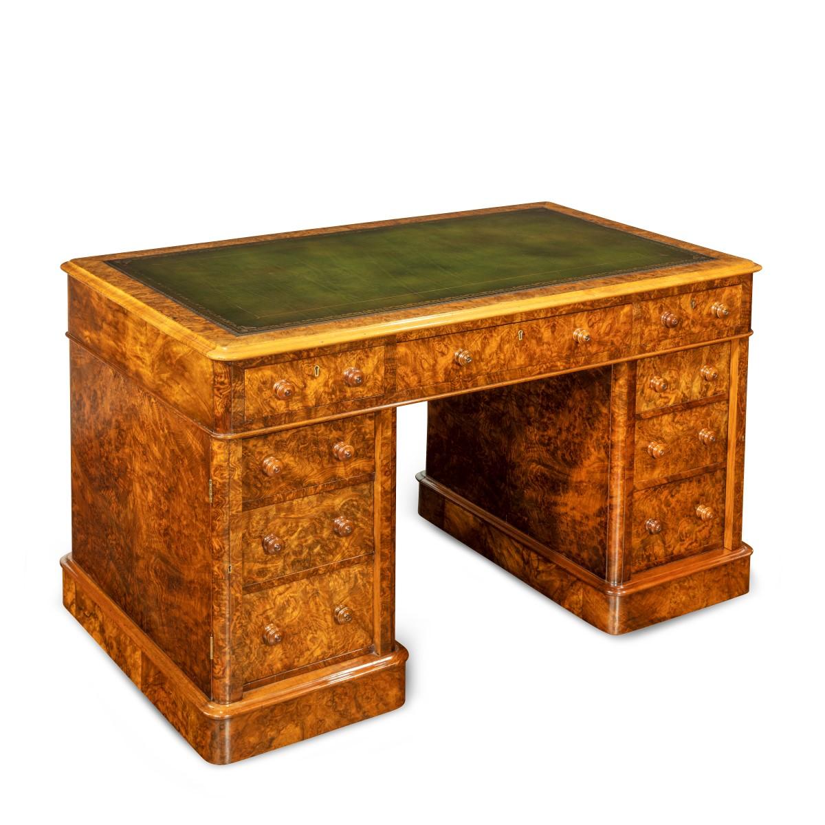 Victorian Burr Walnut Free Standing Pedestal Desk by Druce & Co For Sale 1