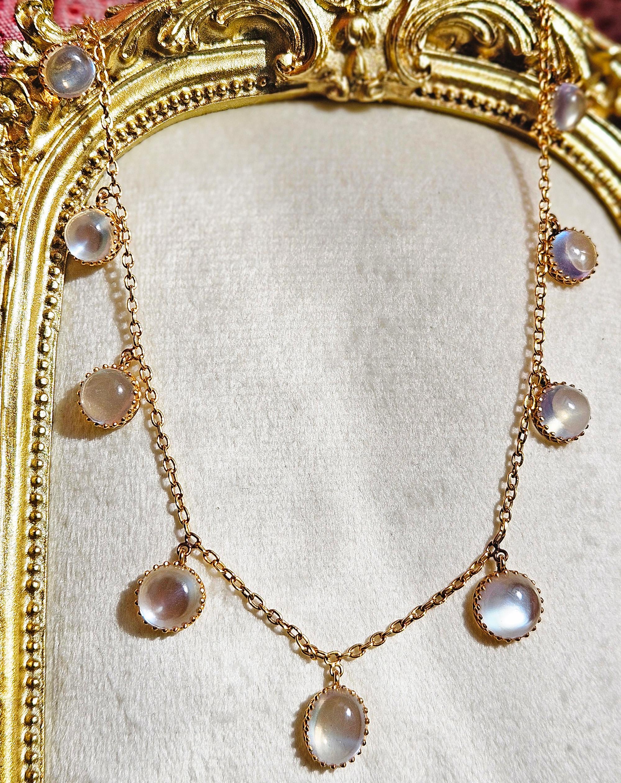 A.I.C. vittoriano del 1870 Collana graduata con frangia di pietra di luna blu da 21,0 ct. in oro 15 ct. in vendita 10