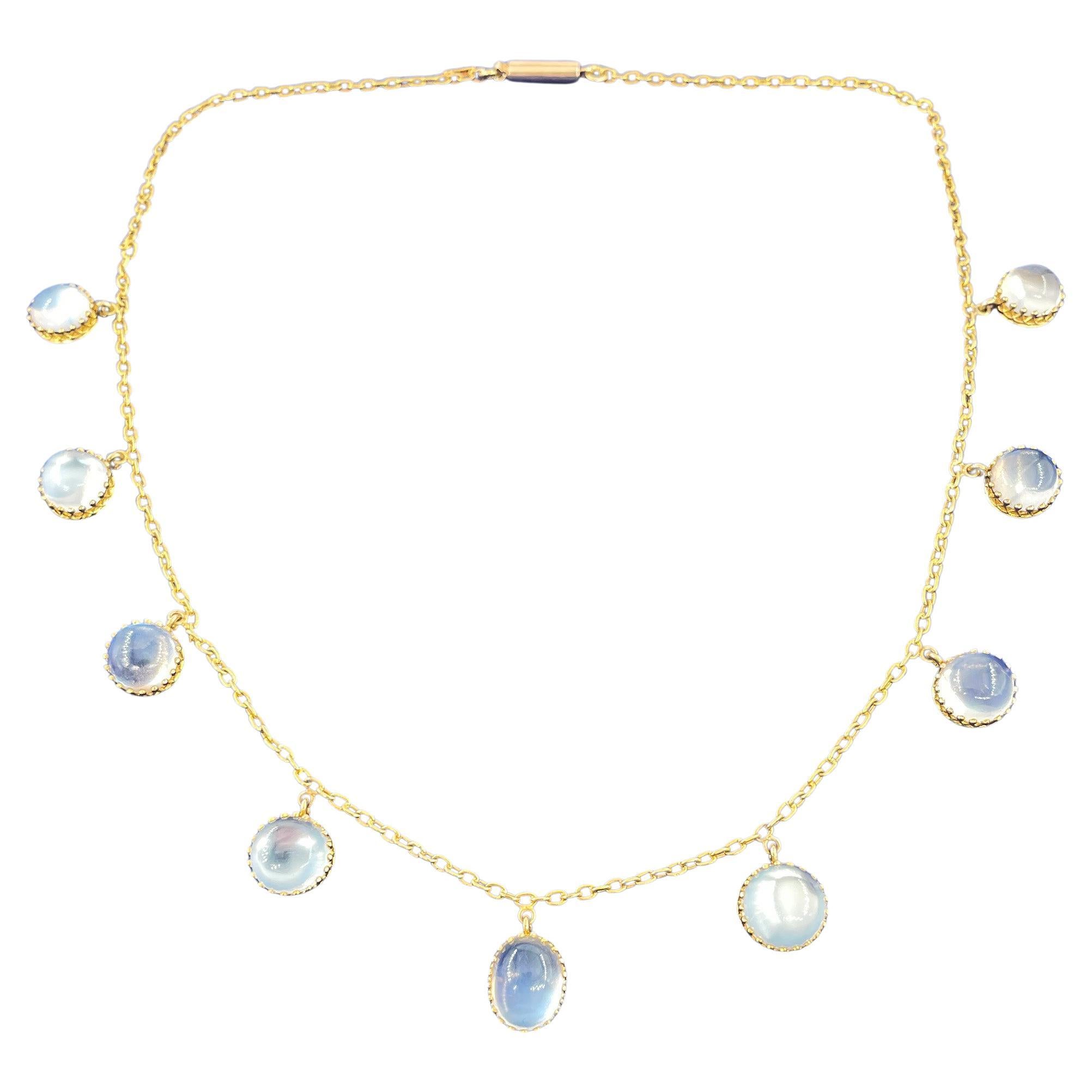 A Victorian C. 1870s Graduated 21.0ctw Blue Moonstone Fringe 15ct Gold Necklace