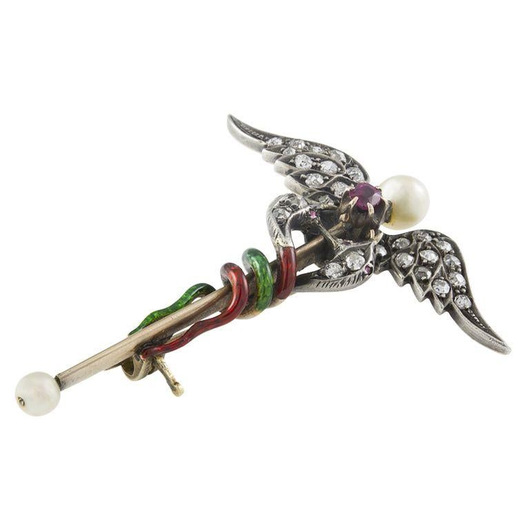 Old European Cut Victorian Caduceus Brooch For Sale