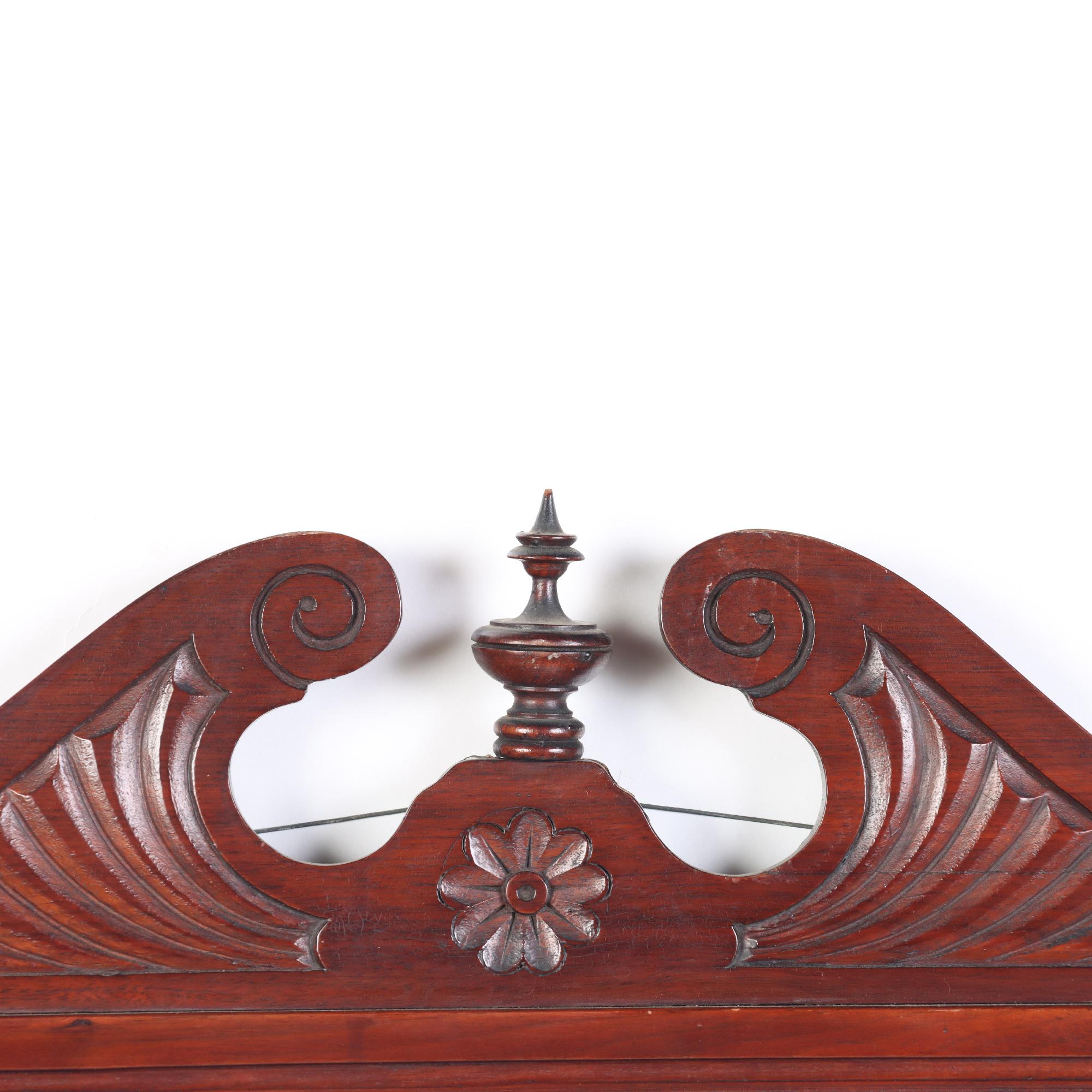 Victorian Carved Mahogany Wall Mirror with Shaped Beveled Mirror circa 1880 For Sale 2
