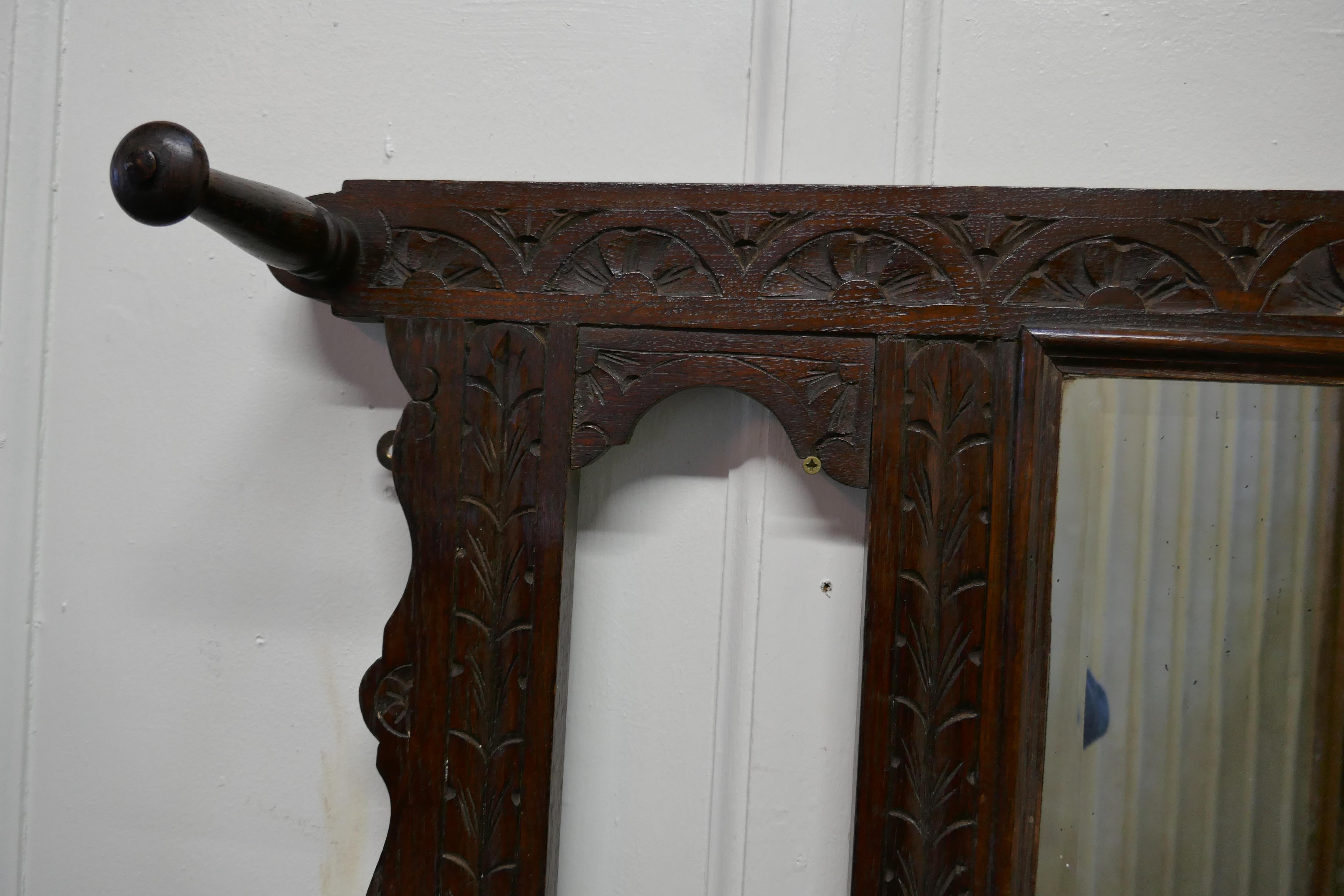 Gothic Victorian Carved Oak Stick Stand & Matching Mirror Set For Sale
