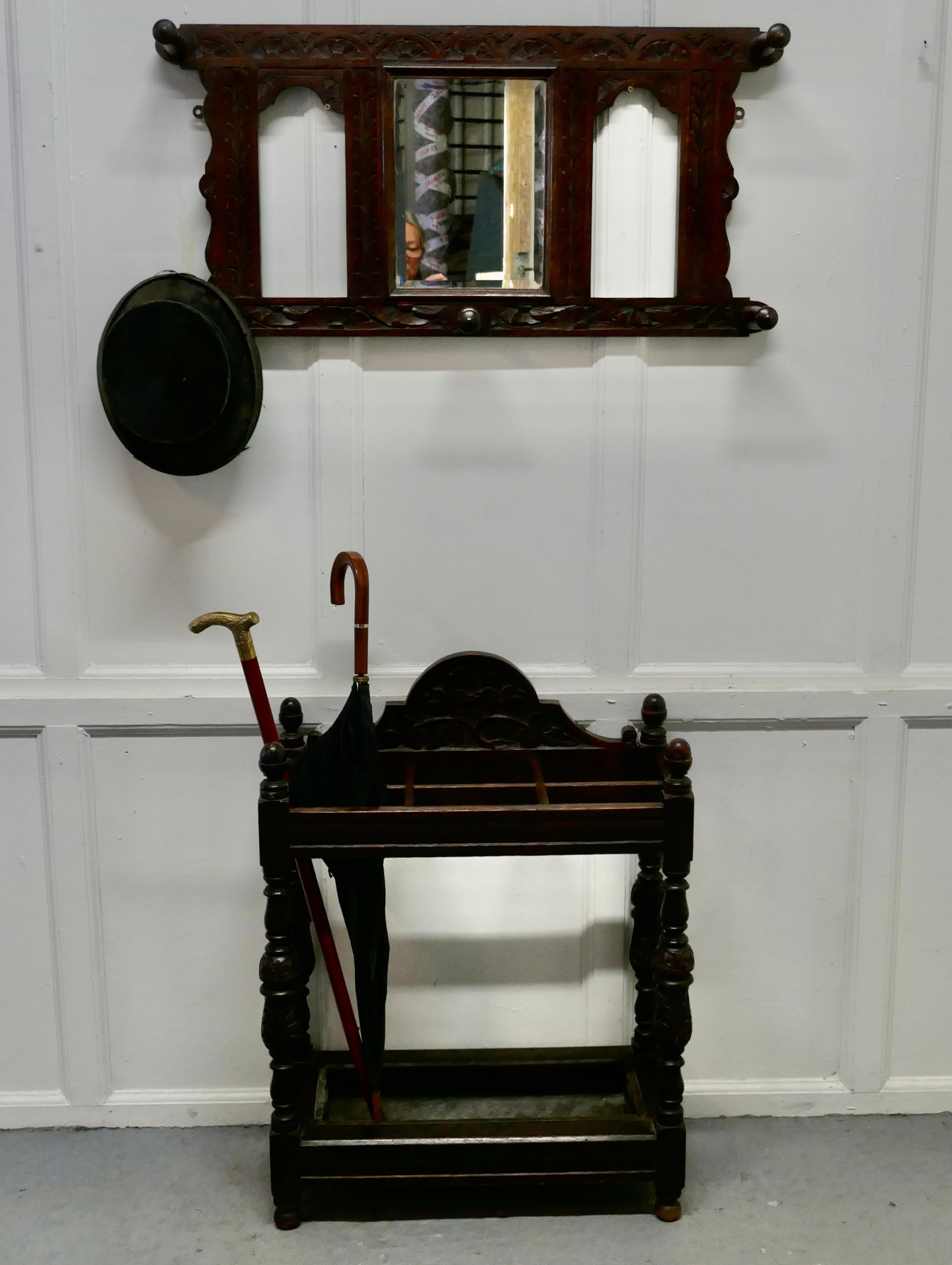 Victorian Carved Oak Stick Stand & Matching Mirror Set In Good Condition For Sale In Chillerton, Isle of Wight