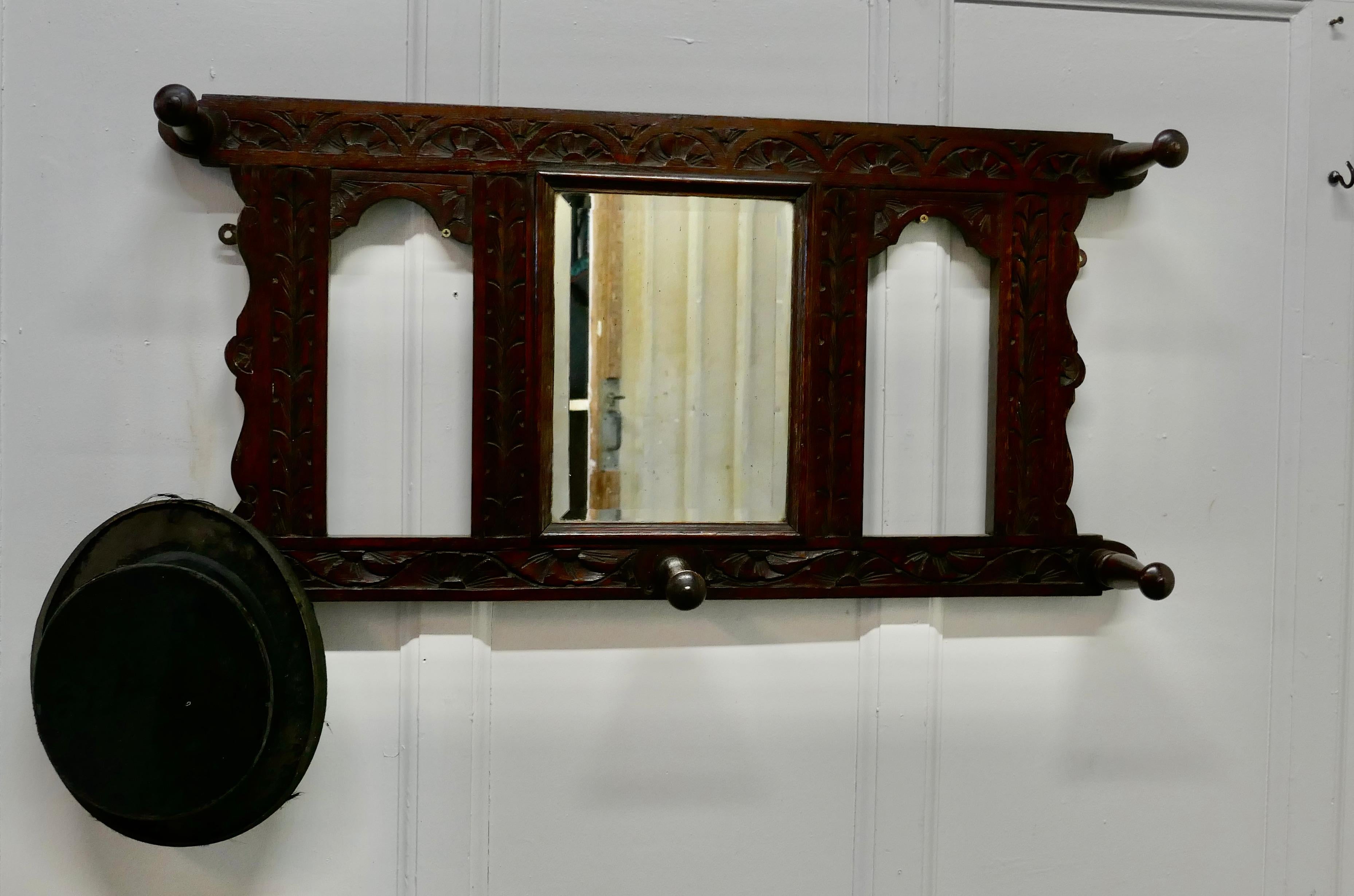 19th Century Victorian Carved Oak Stick Stand & Matching Mirror Set For Sale