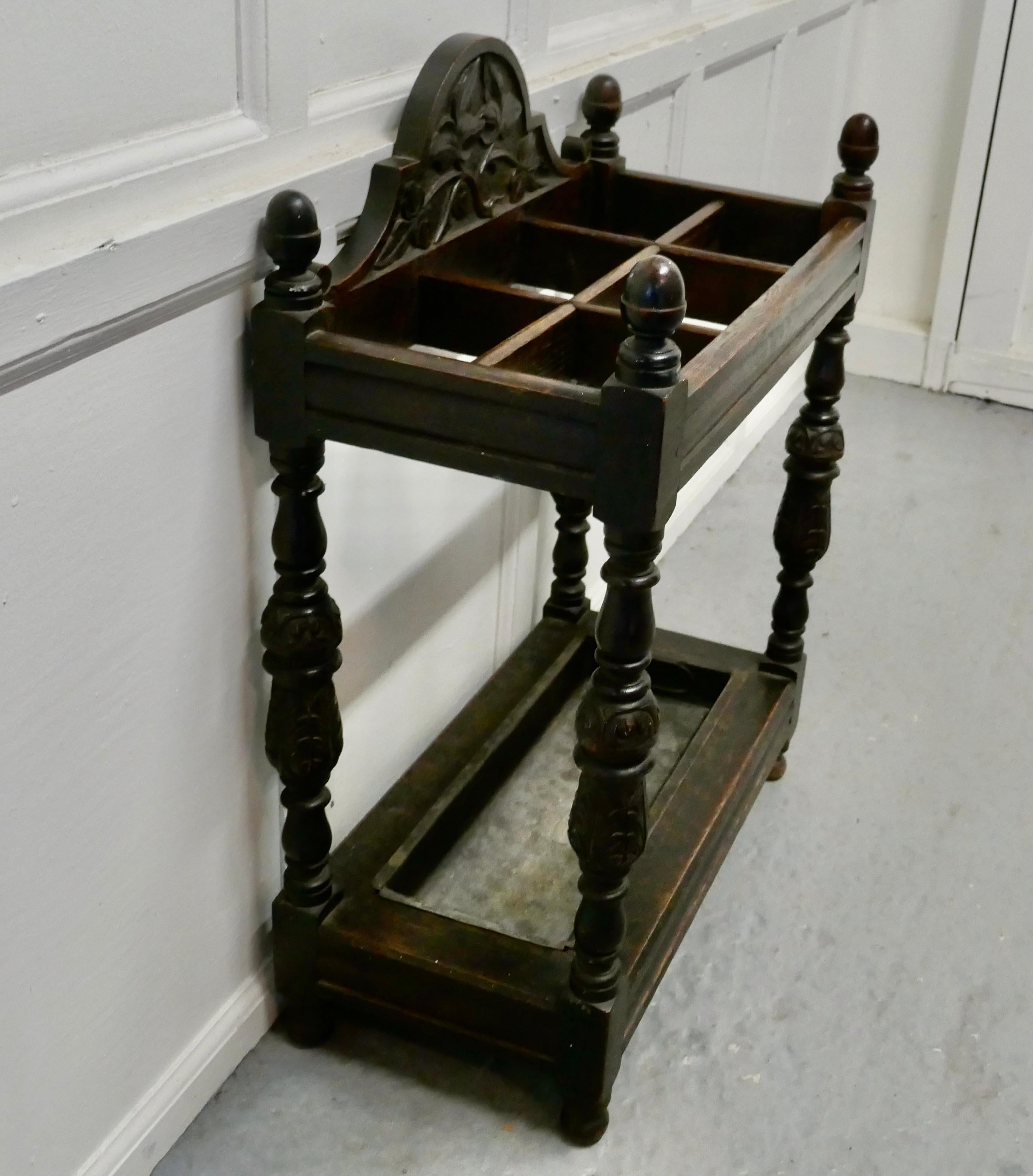 Victorian Carved Oak Stick Stand & Matching Mirror Set For Sale 1