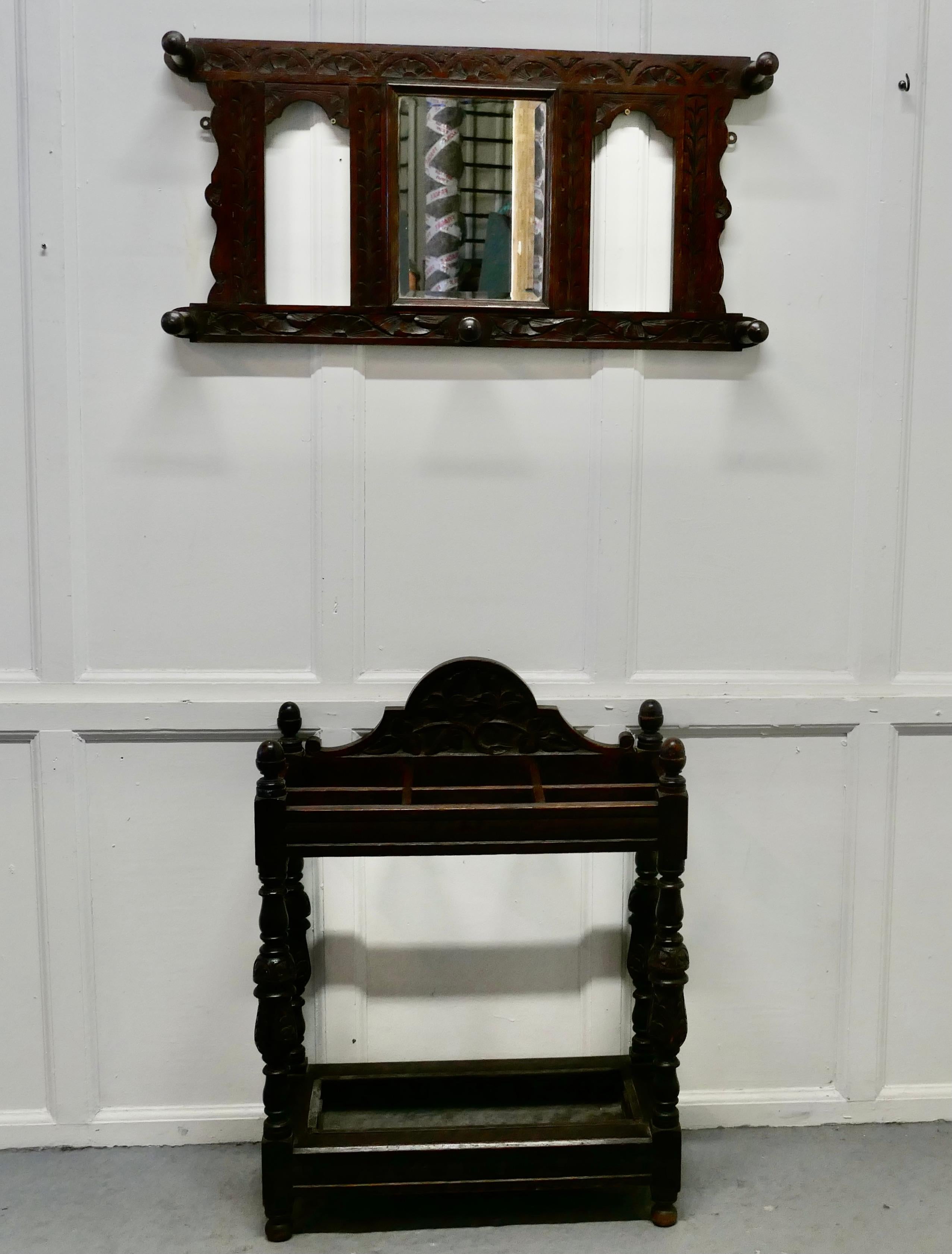 Victorian Carved Oak Stick Stand & Matching Mirror Set For Sale 2