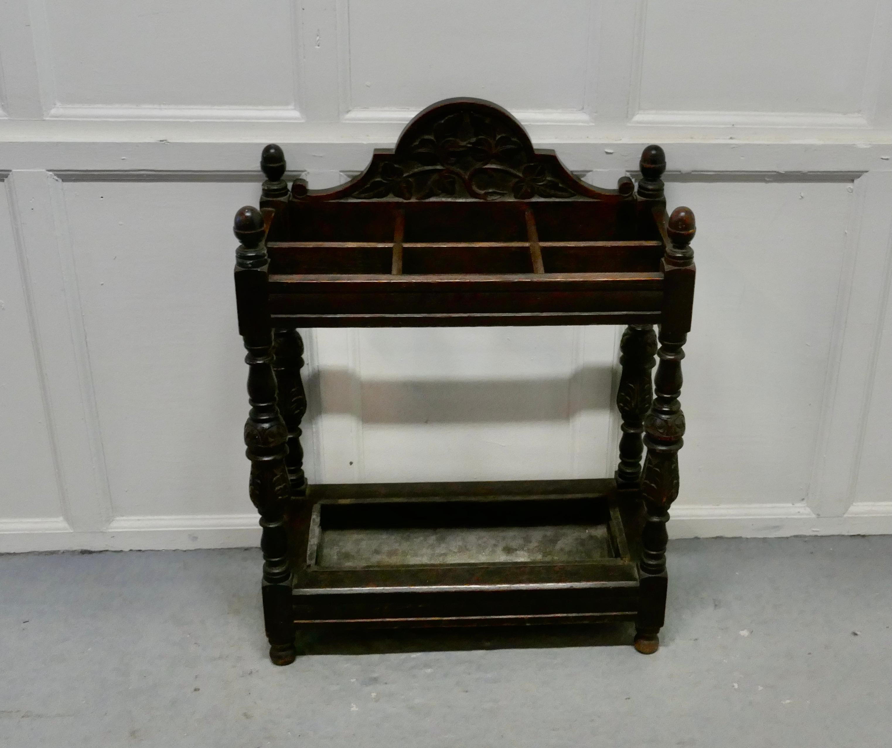 Victorian Carved Oak Stick Stand & Matching Mirror Set For Sale 3