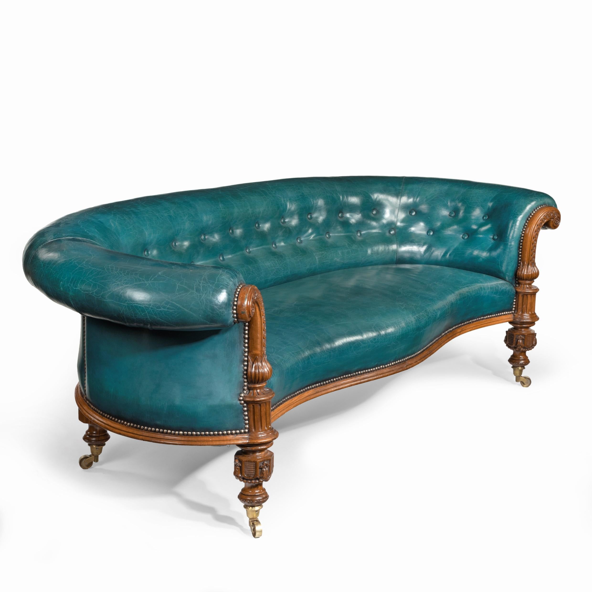 British Victorian Carved Walnut Leathered Sofa