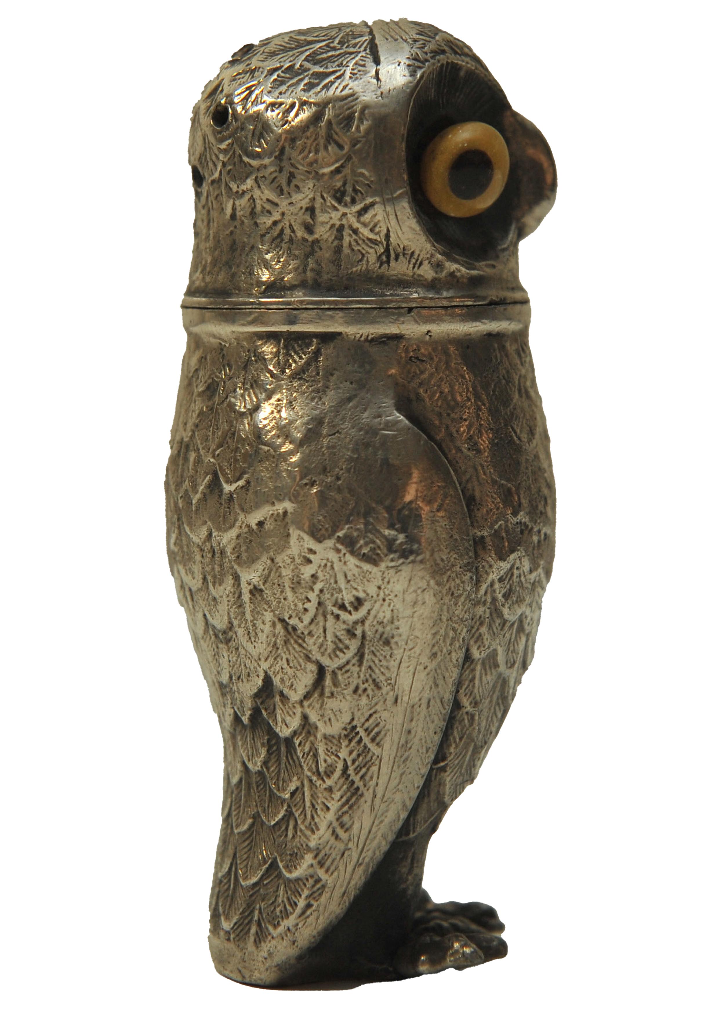 Aesthetic Movement A Victorian Continental Silver Pepperette In The Form of An Owl With Glass Eyes  For Sale
