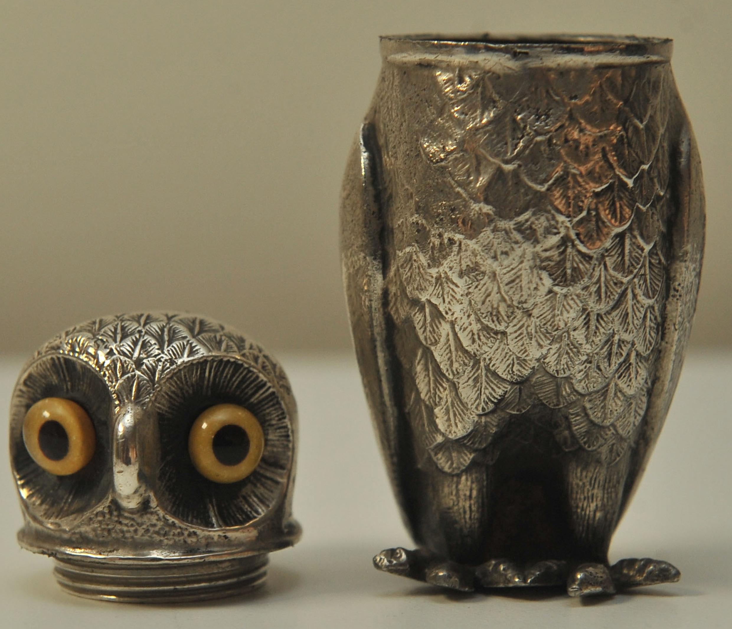 Hand-Crafted A Victorian Continental Silver Pepperette In The Form of An Owl With Glass Eyes  For Sale