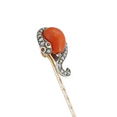 Victorian Coral and Diamond Stick Pin
