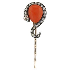 Victorian Coral and Diamond Stick Pin