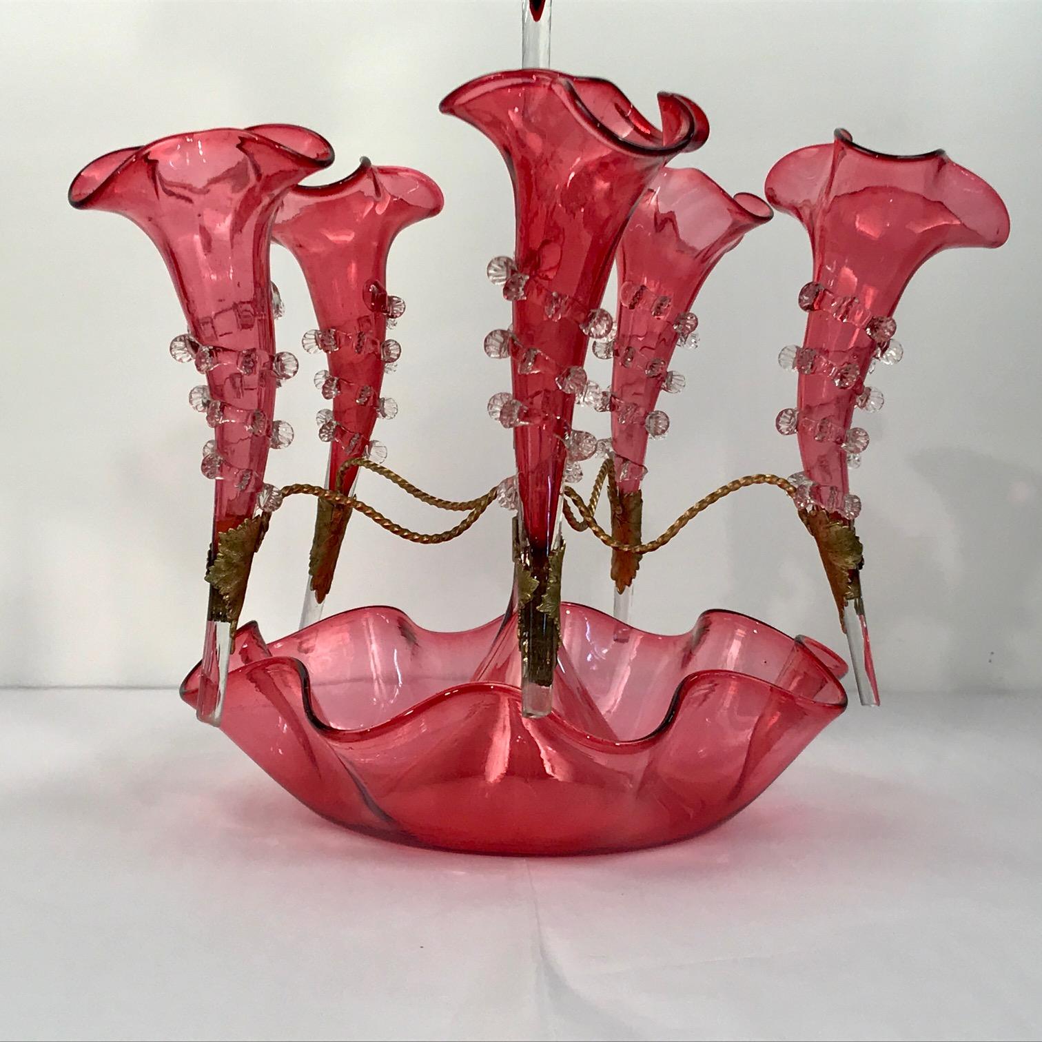 Late Victorian Victorian Cranberry Glass Epergne For Sale