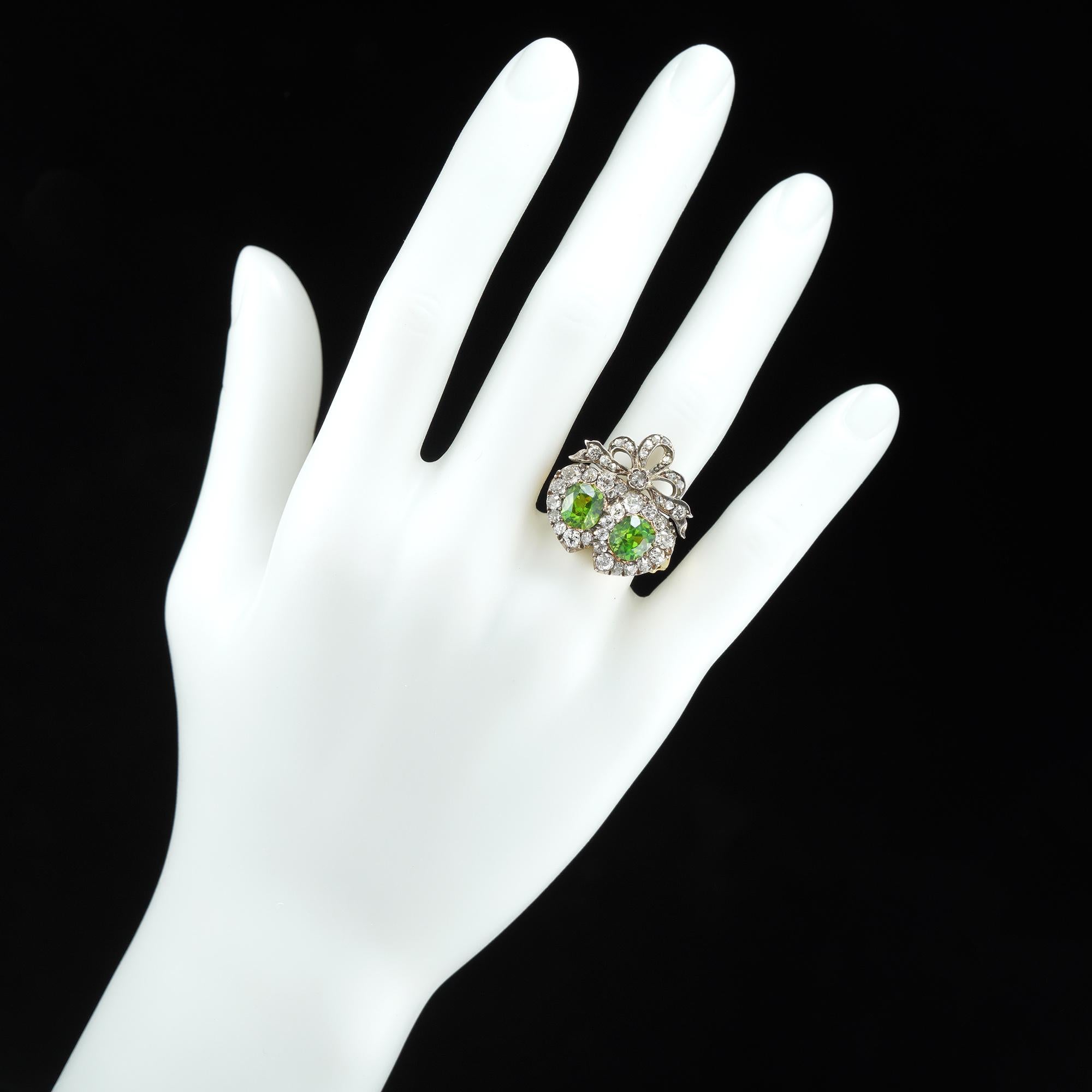 Brilliant Cut Victorian Demantoid Garnet and Diamond Double Heart Ring For Sale