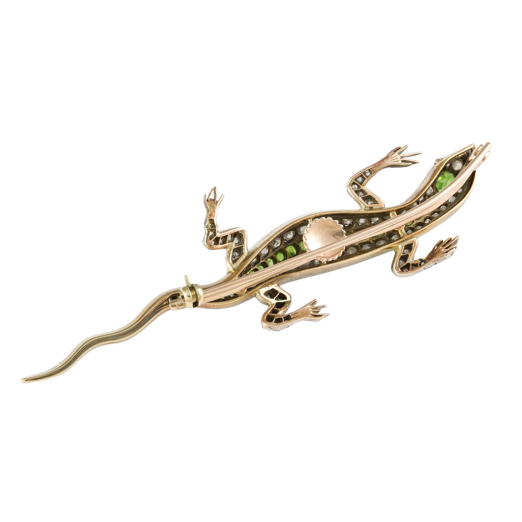 Old European Cut Victorian Demantoid Garnet and Diamond Lizard Brooch For Sale