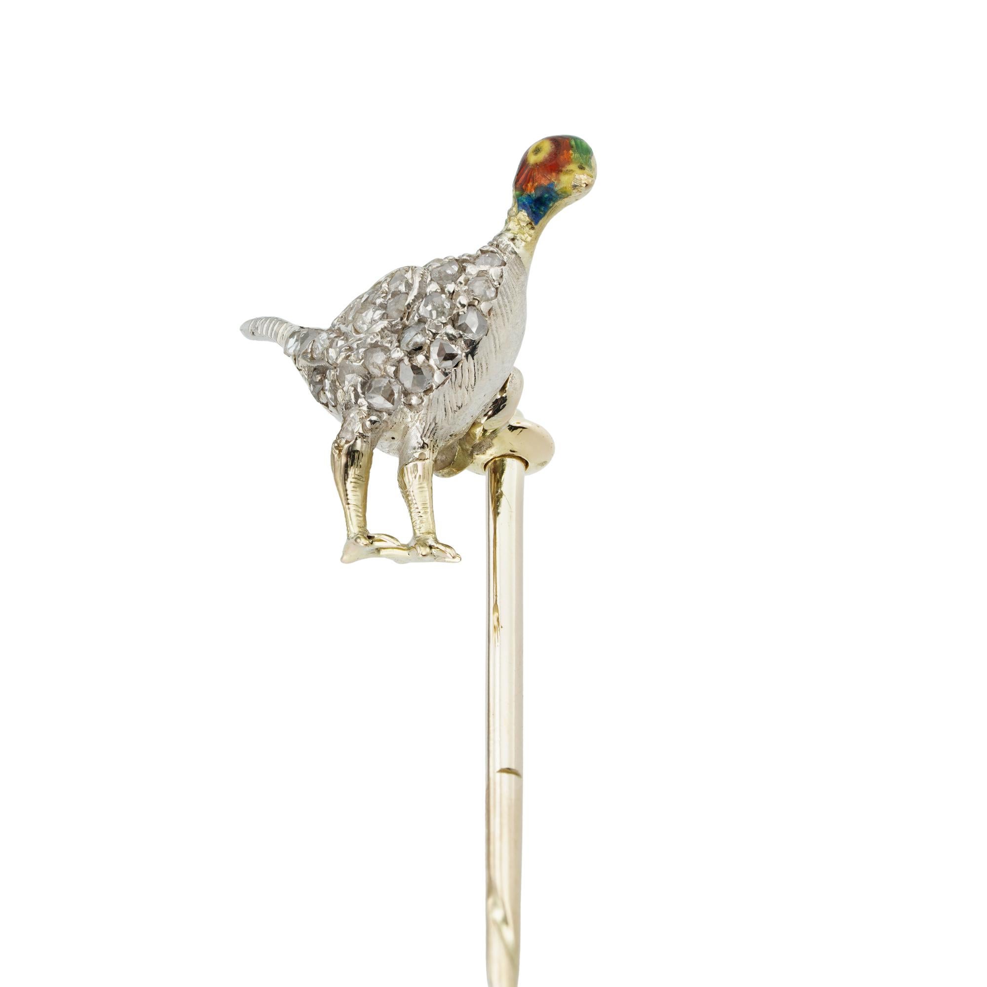 Rose Cut Victorian Diamond and Enamel Pheasant Stick Pin For Sale