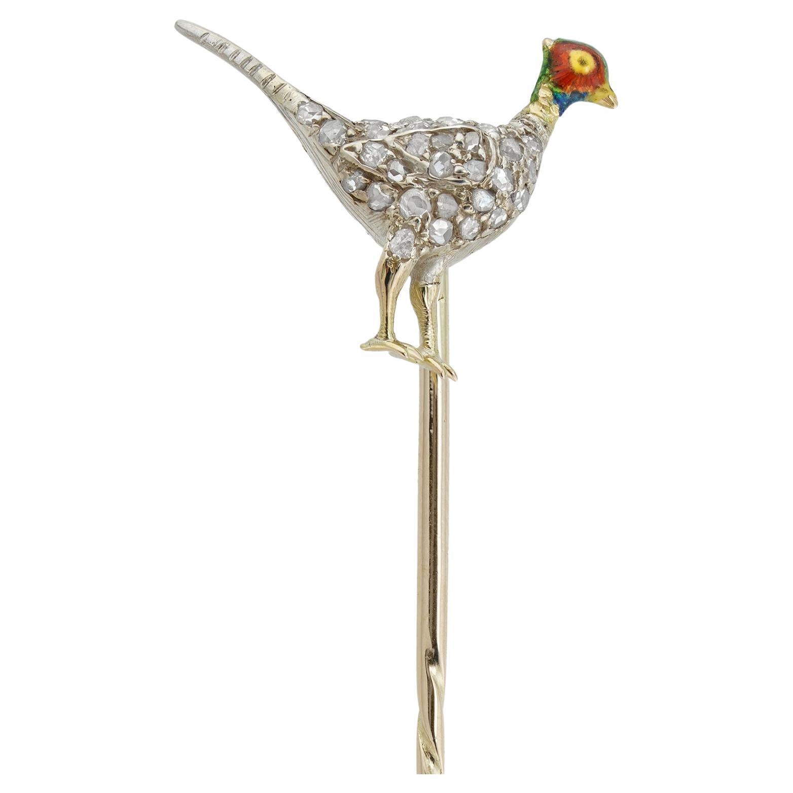 Victorian Diamond and Enamel Pheasant Stick Pin