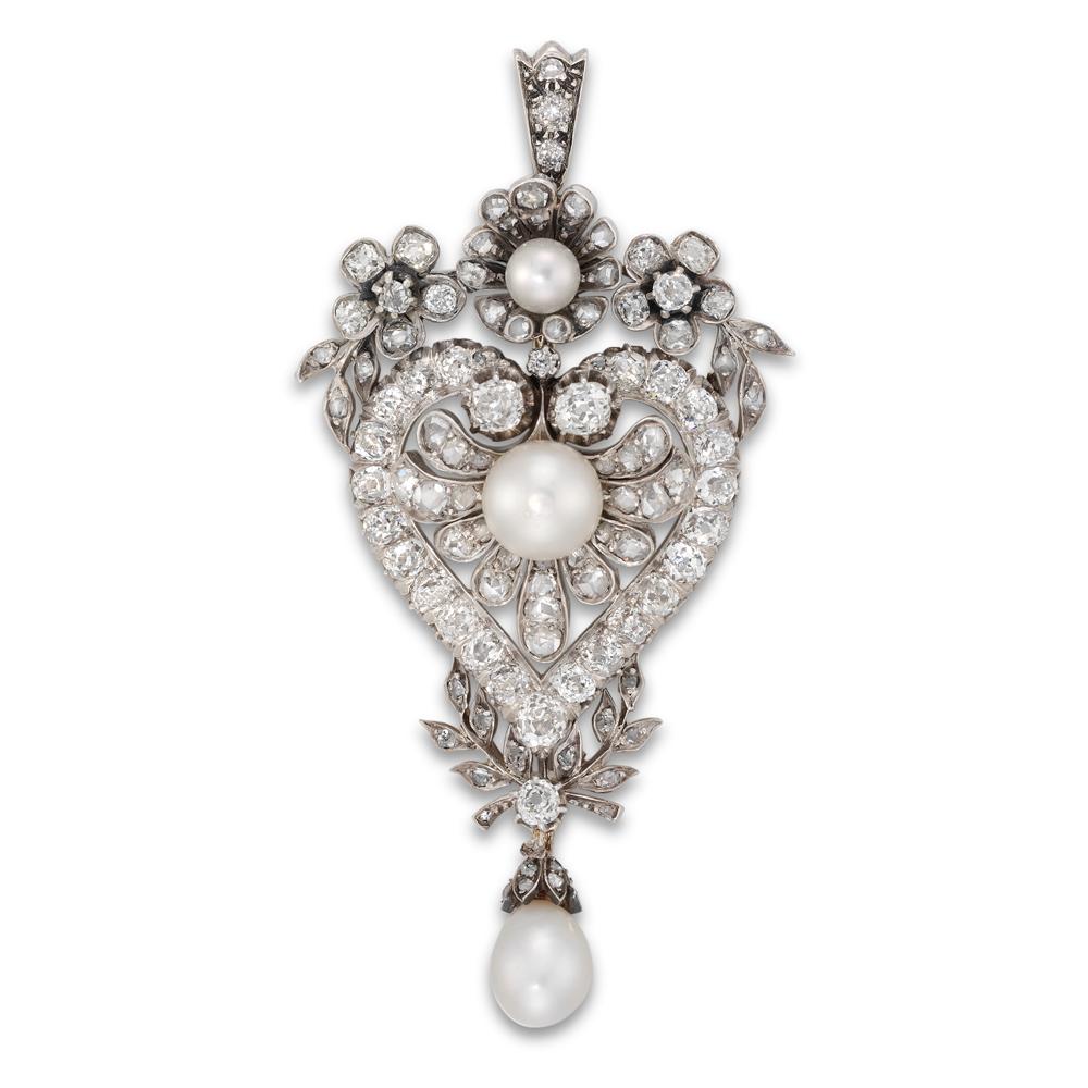 Brilliant Cut Victorian Diamond and Natural Pearl Pendant For Sale